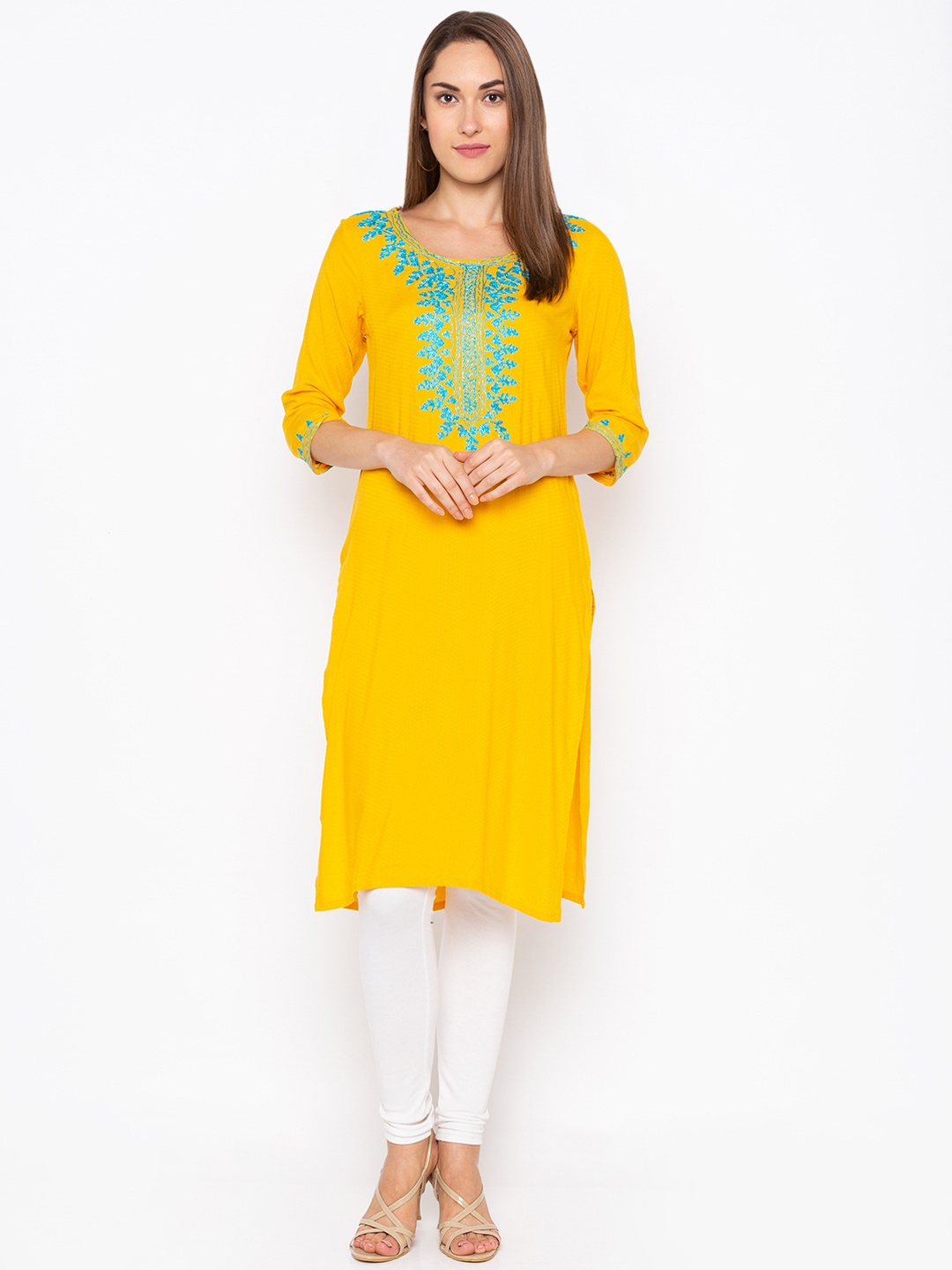 

Globus Women Yellow Embroidered A-Line Kurta