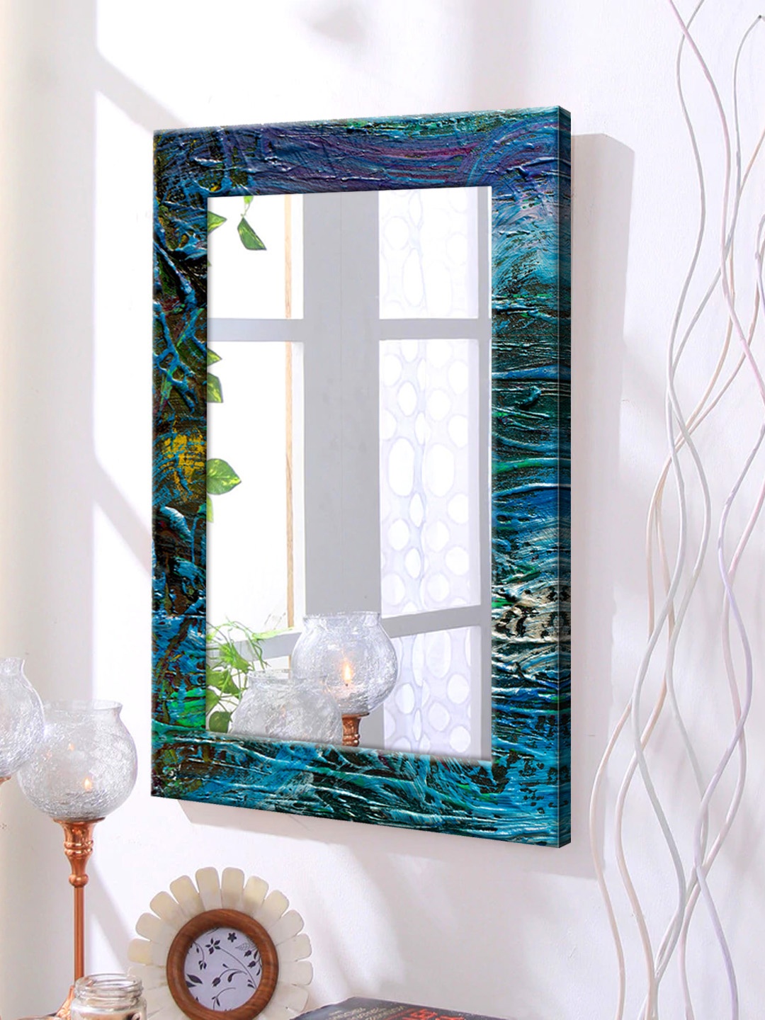 

999Store Blue Printed Framed Wall Mirror