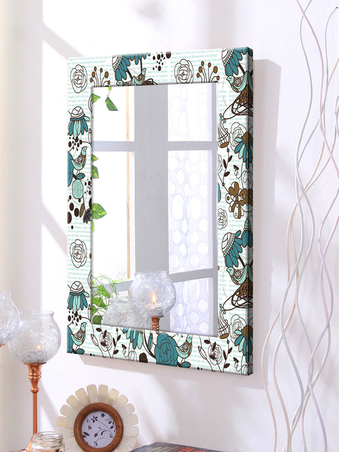 

999Store Blue & White Printed Framed Wall Mirror