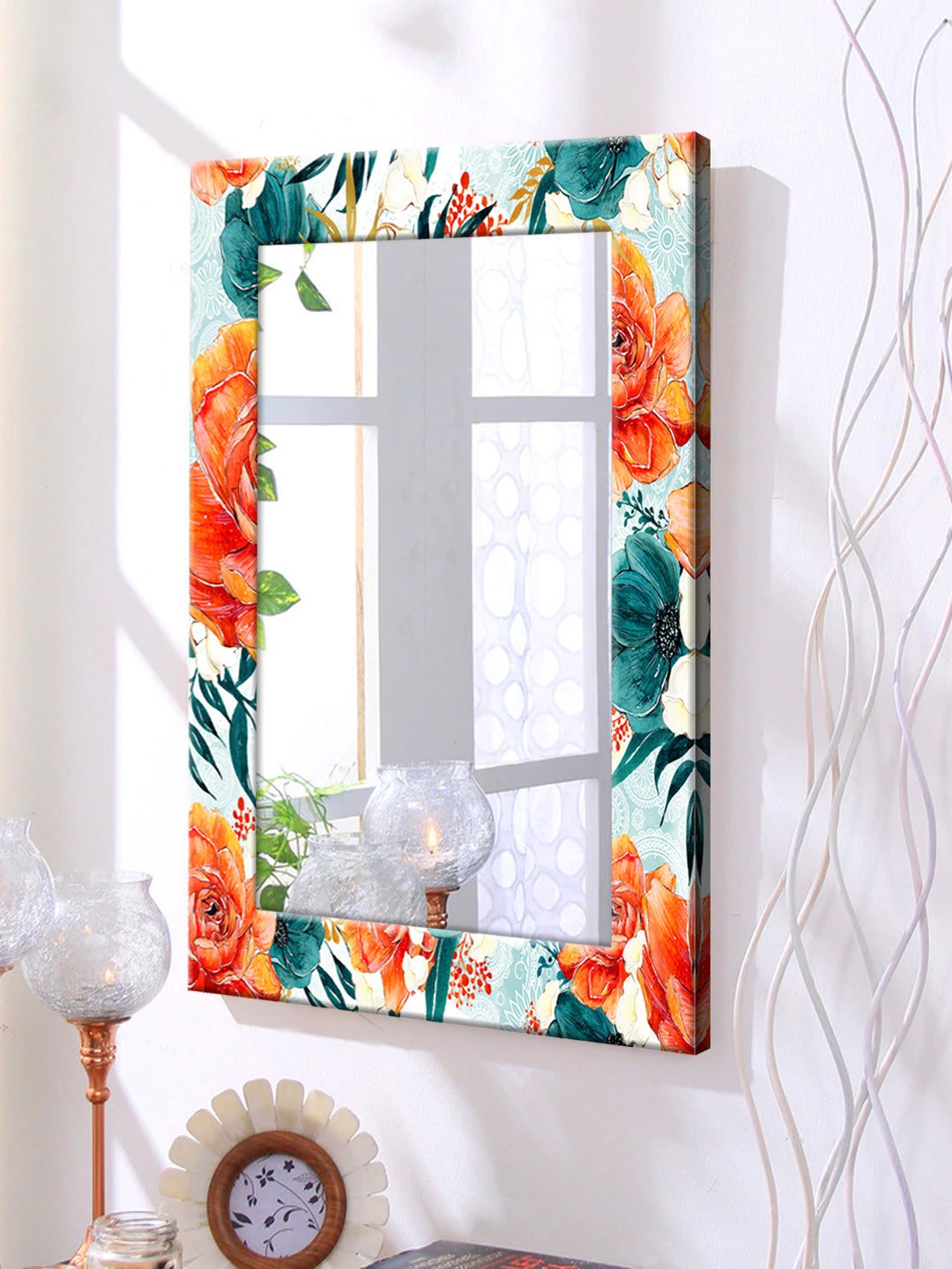 

999Store Orange & Green Printed Framed Wall Mirror