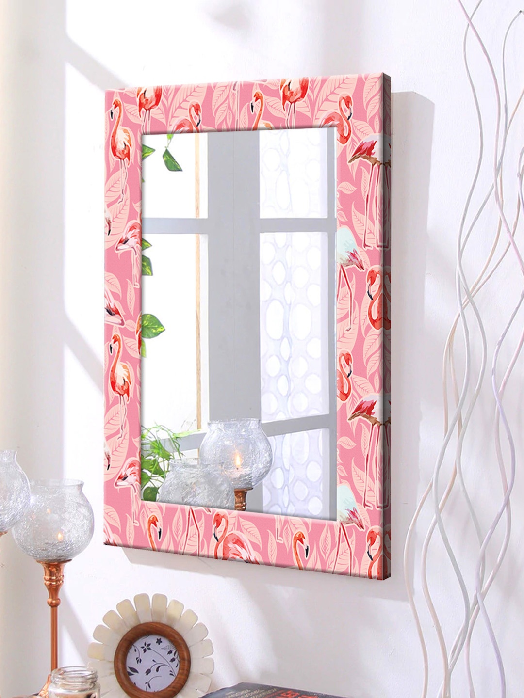 

999Store Pink Printed Framed Wall Mirror