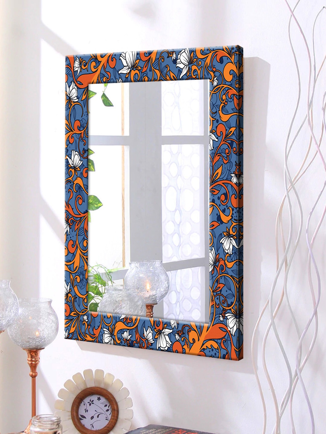 

999Store Orange Printed Framed Wall Mirror