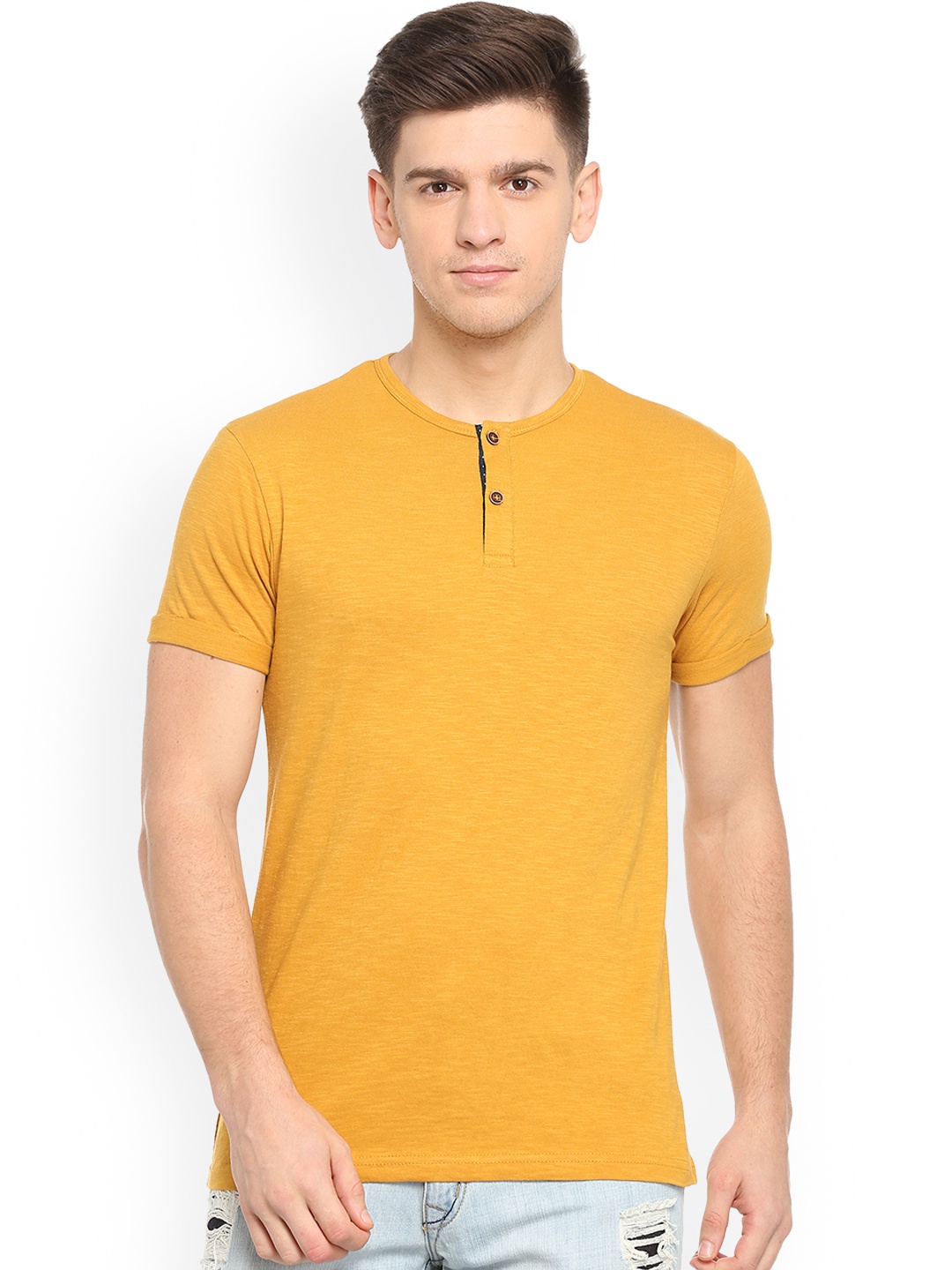 

People Men Yellow Solid Henley Neck Pure Cotton T-shirt