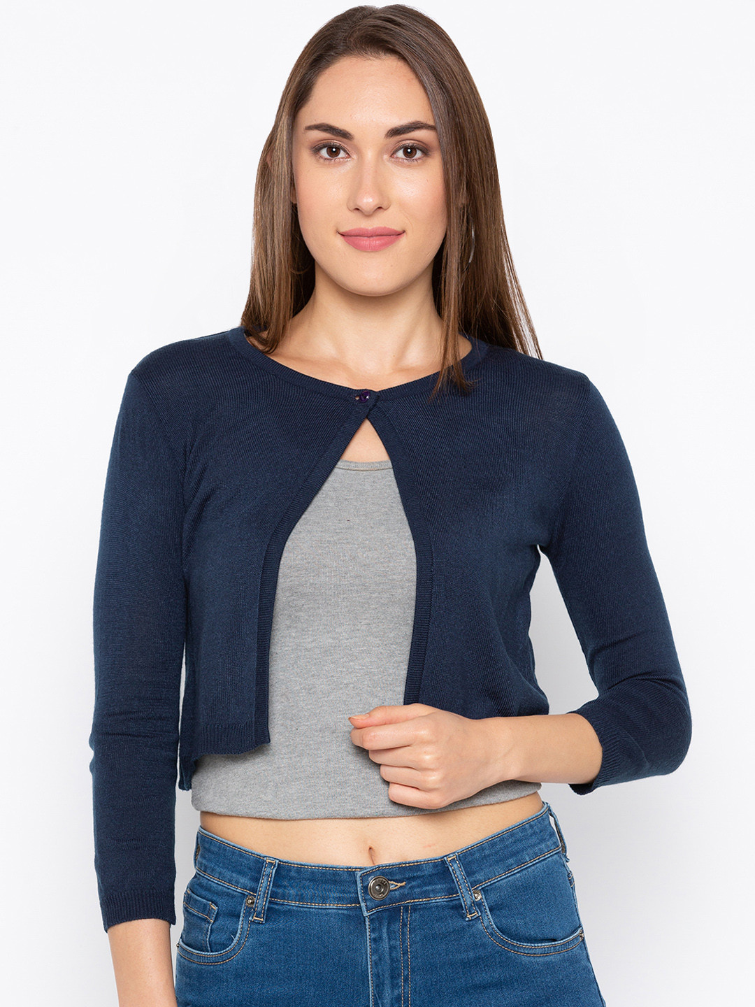 

Globus Navy Blue Solid Open Front Shrug