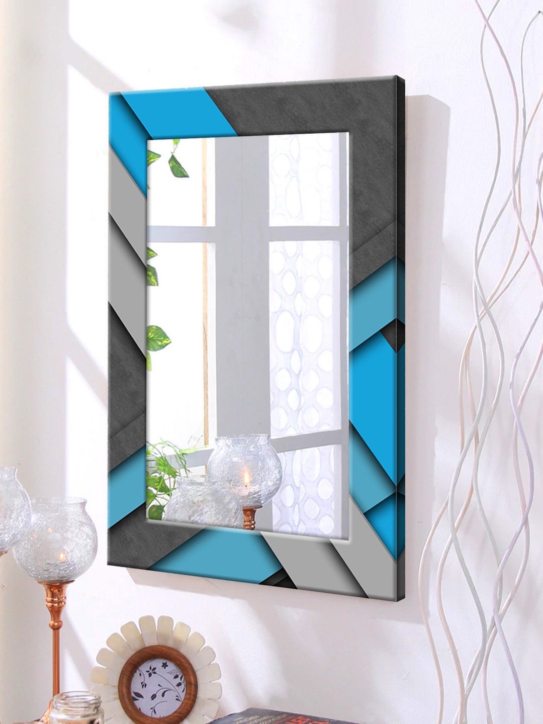 

999Store Blue Printed Framed Wall Mirror