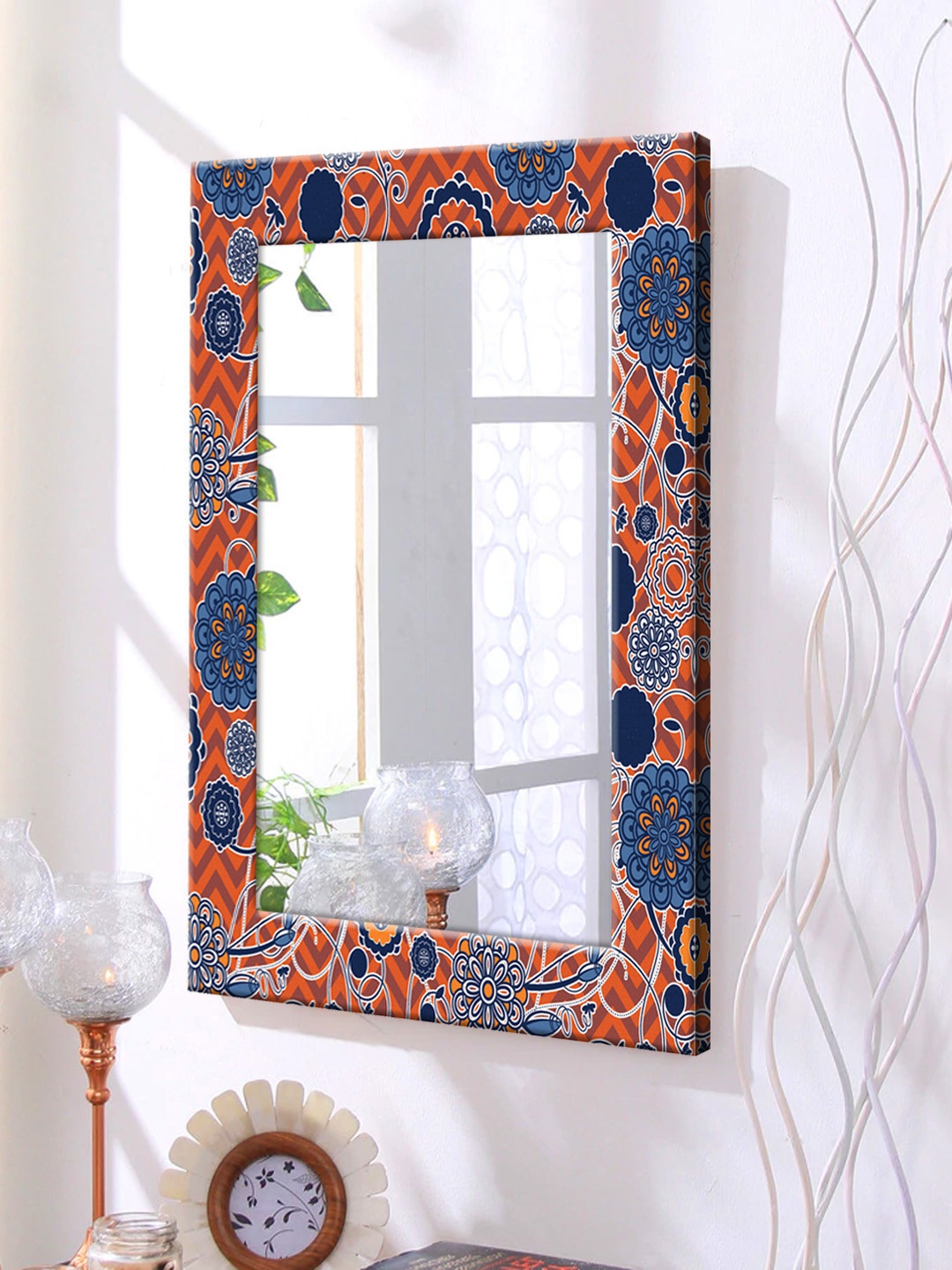 

999Store Orange Printed Framed Wall Mirror
