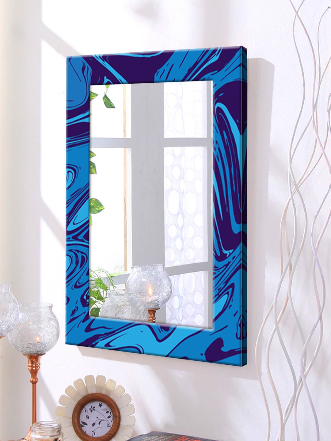 

999Store Blue Printed Framed Wall Mirror