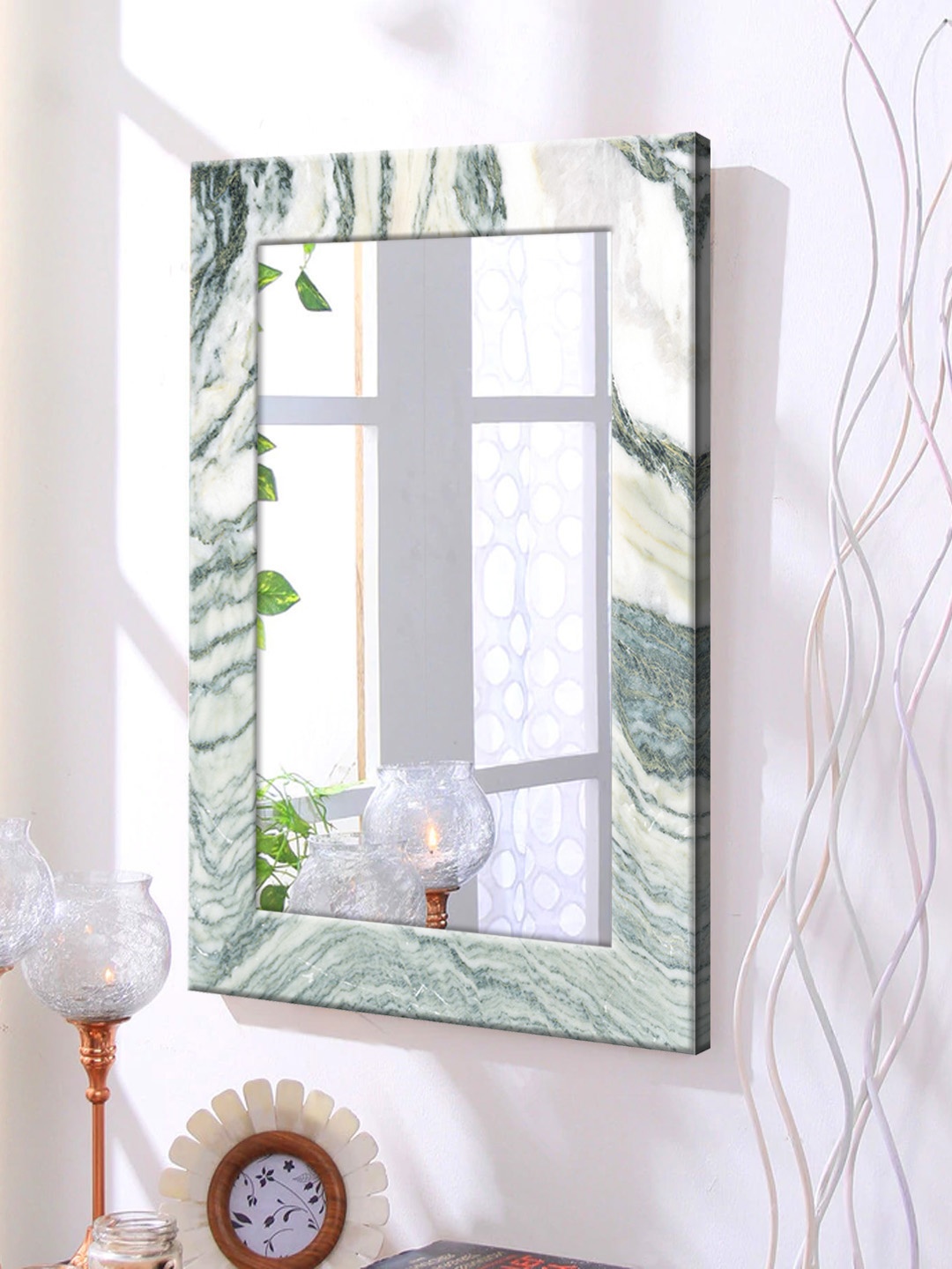 

999Store White Printed Framed Wall Mirror
