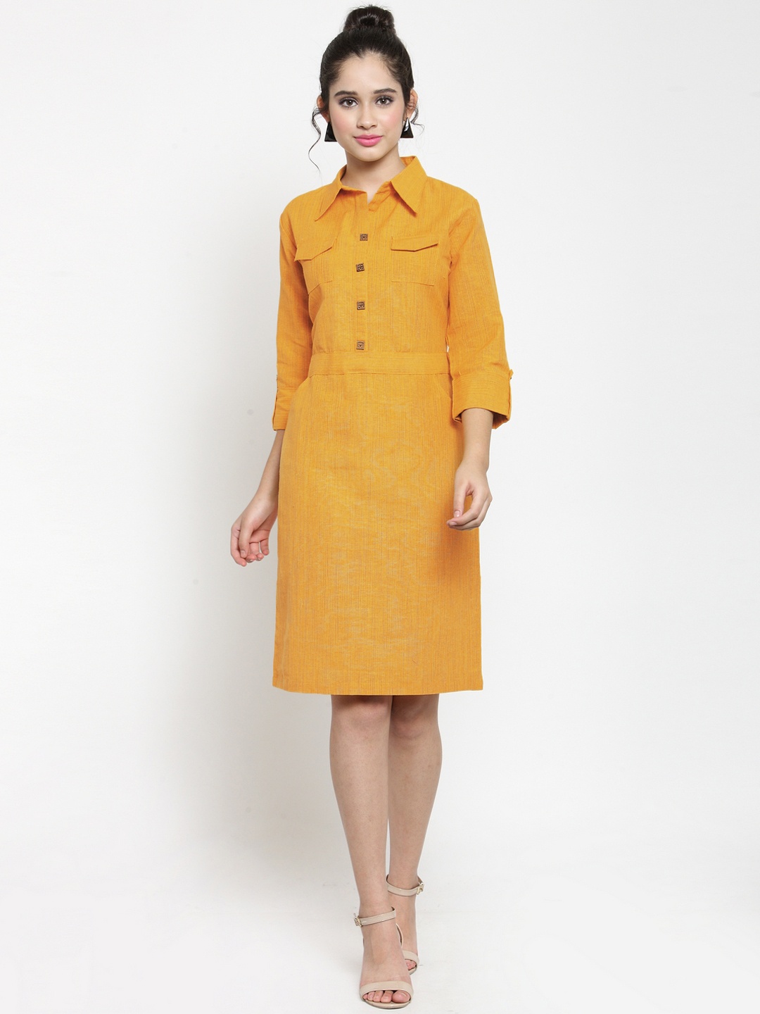 

Get Glamr Women Mustard Yellow Striped Fit and Flare Dress