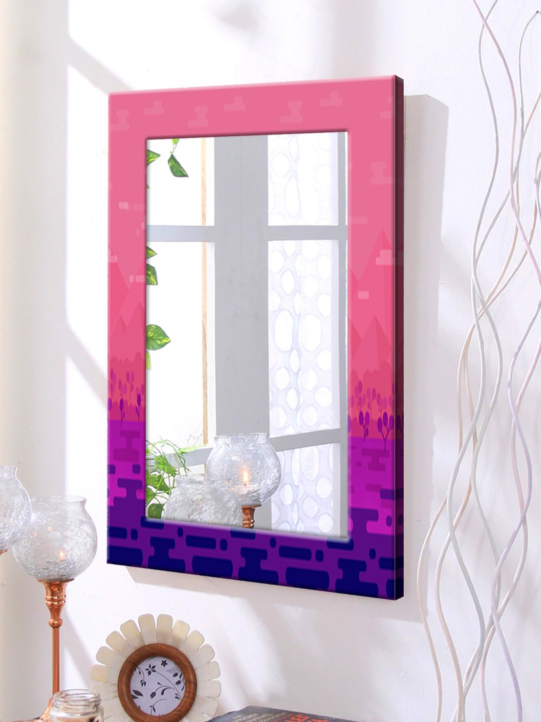 

999Store Pink Printed Framed Wall Mirror