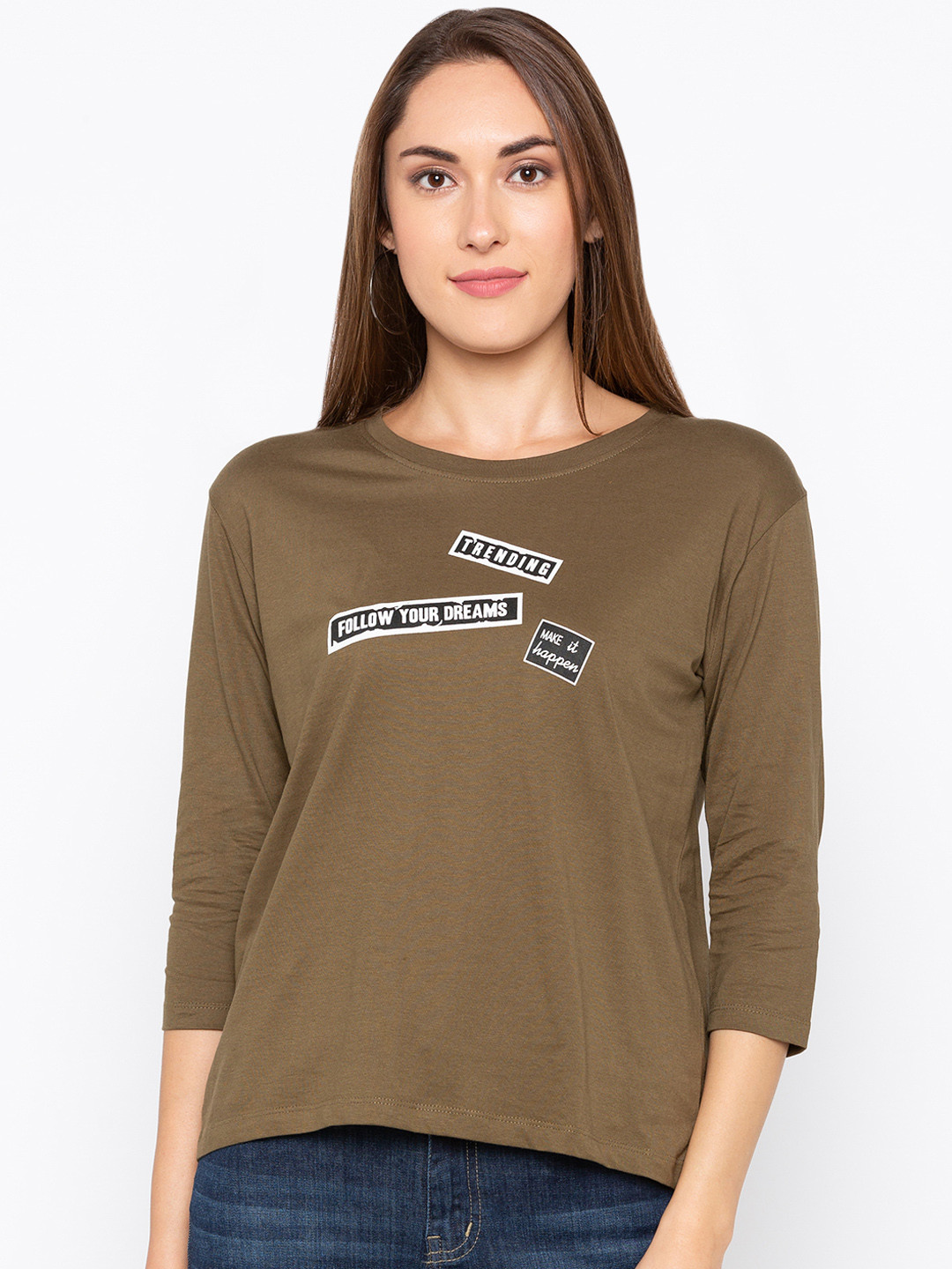 

Globus Women Olive Green Printed Round Neck T-shirt