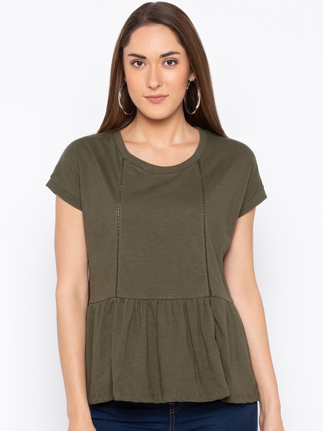 

Globus Women Olive Green Solid Peplum Pure Cotton Top
