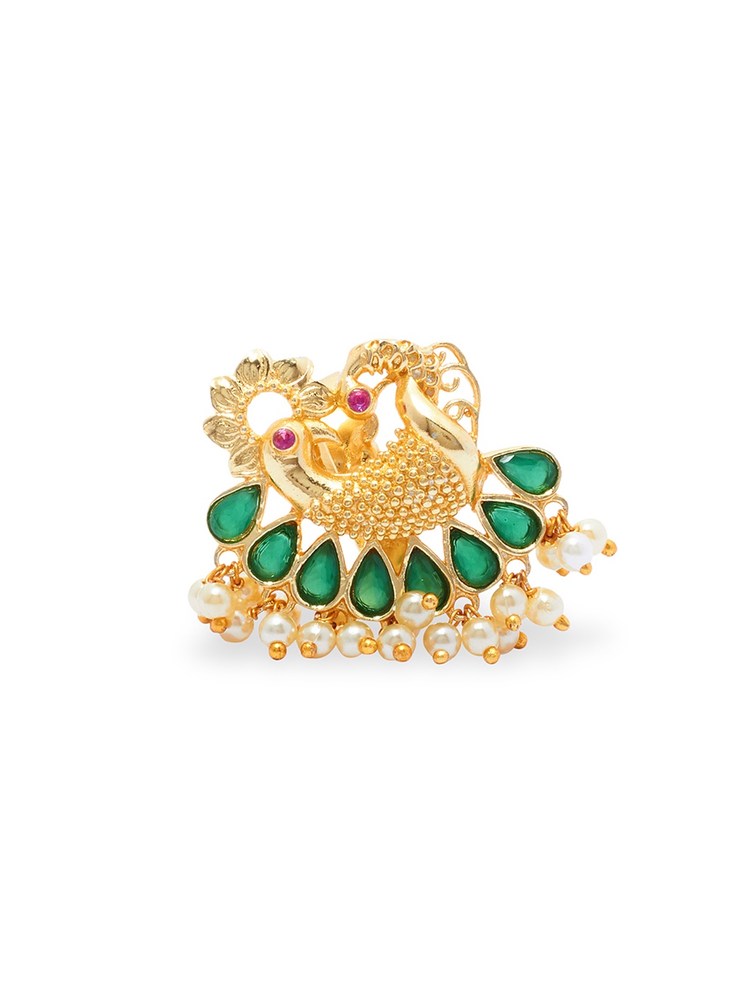 

AccessHer Women Gold-Toned & Green Peacock Shaped Finger Ring With Pearl Drops