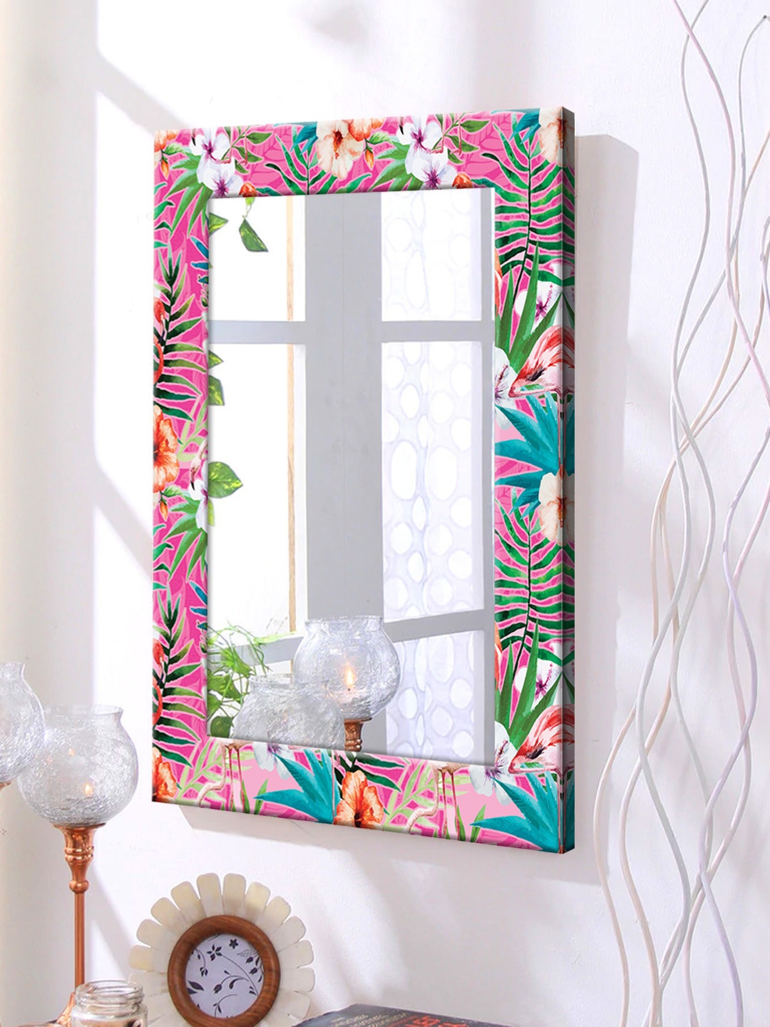 

999Store Pink Printed Framed Wall Mirror