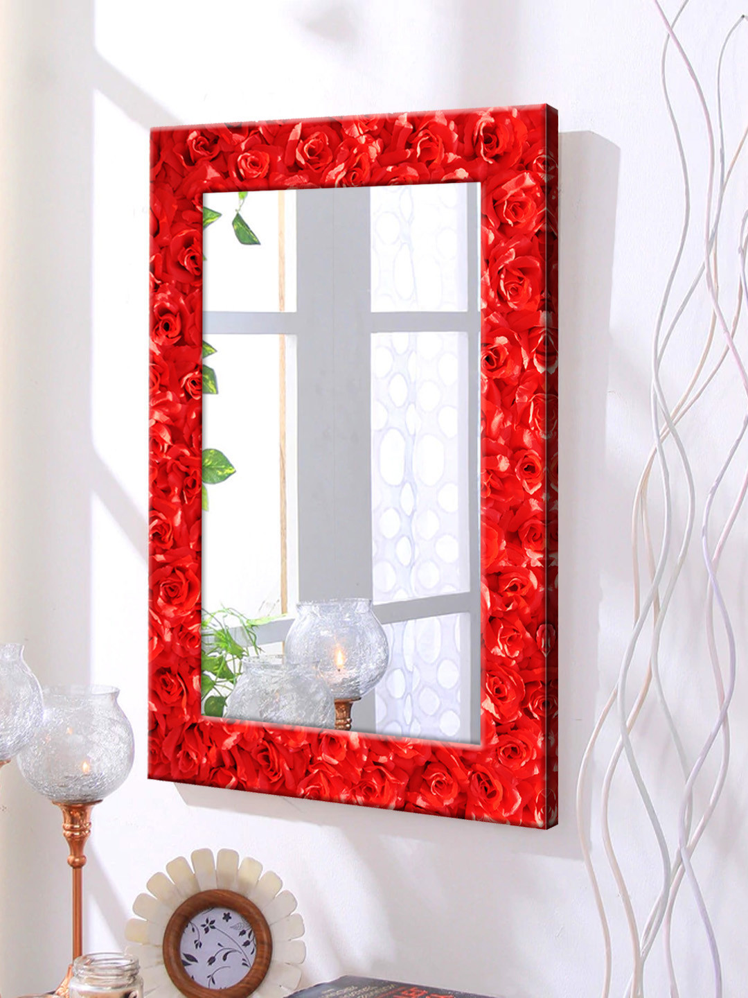 

999Store Red Printed Framed Wall Mirror