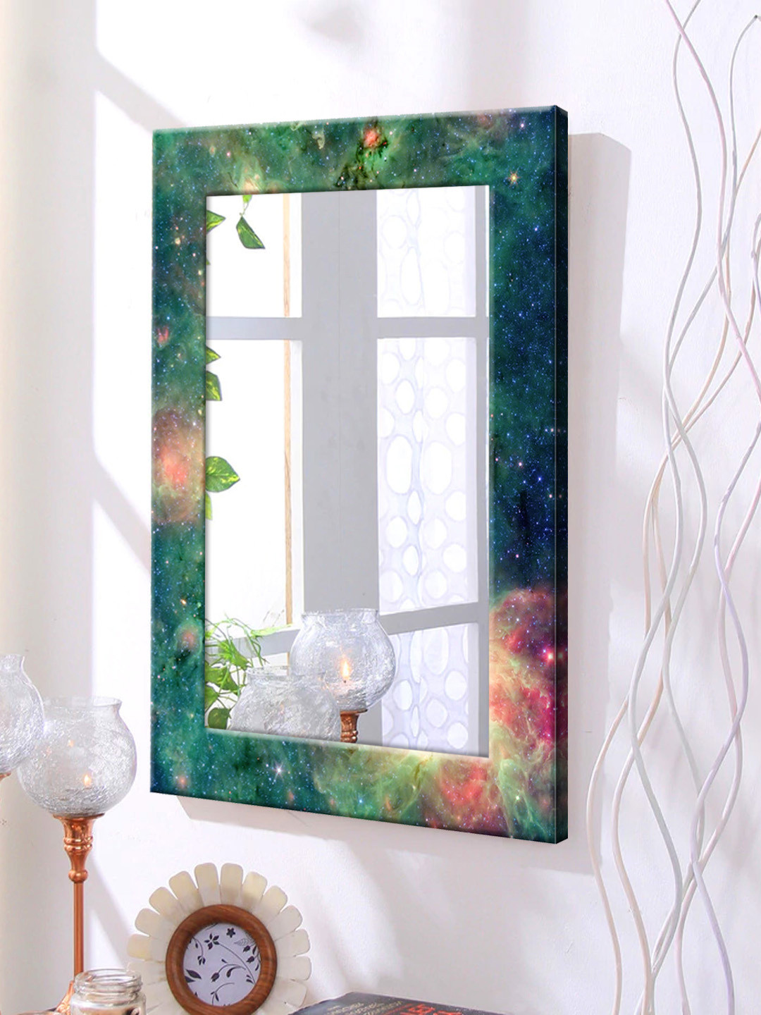 

999Store Green & Blue Printed Framed Wall Mirror