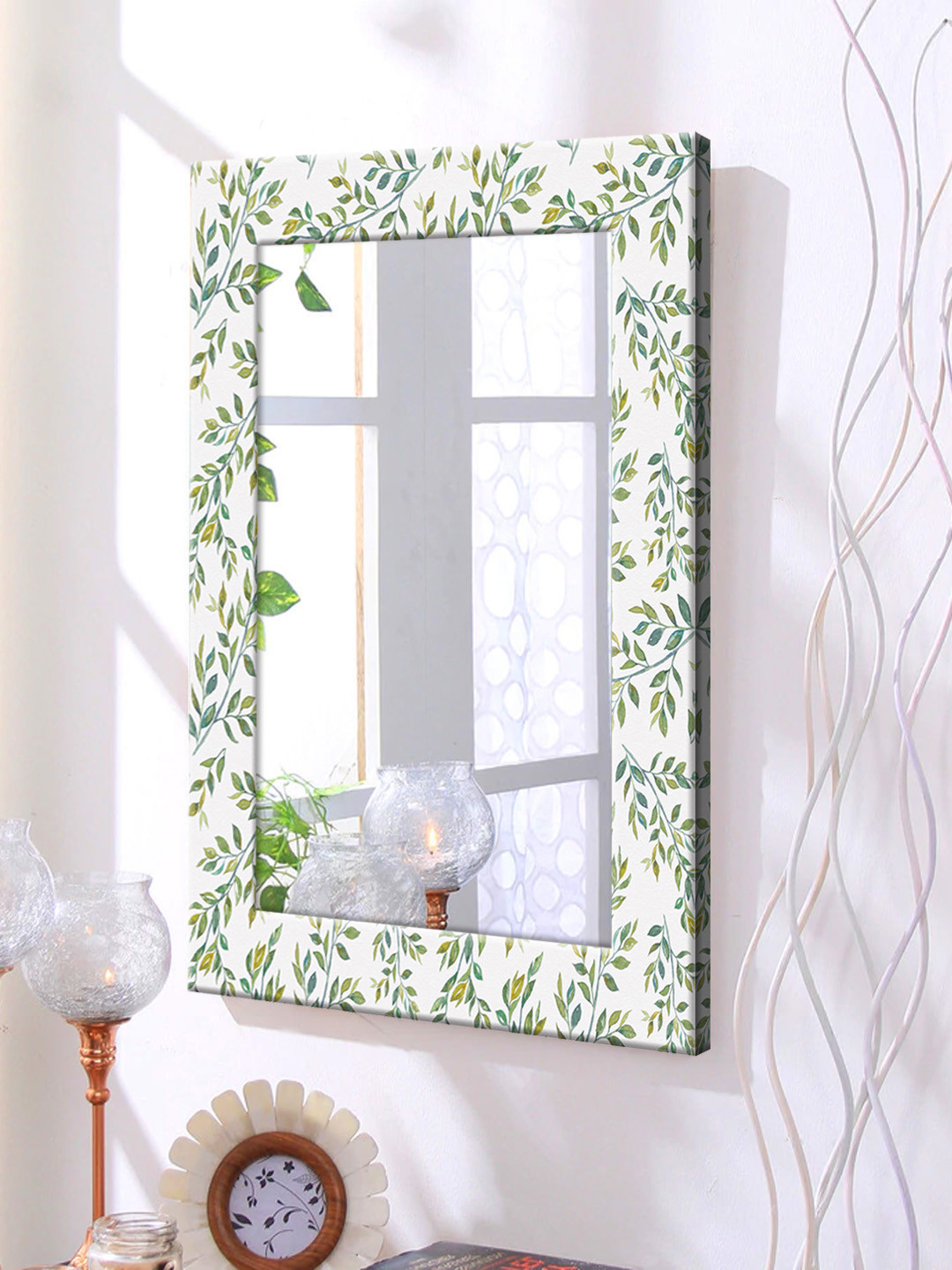 

999Store White & Green Printed Framed Wall Mirror, Multi