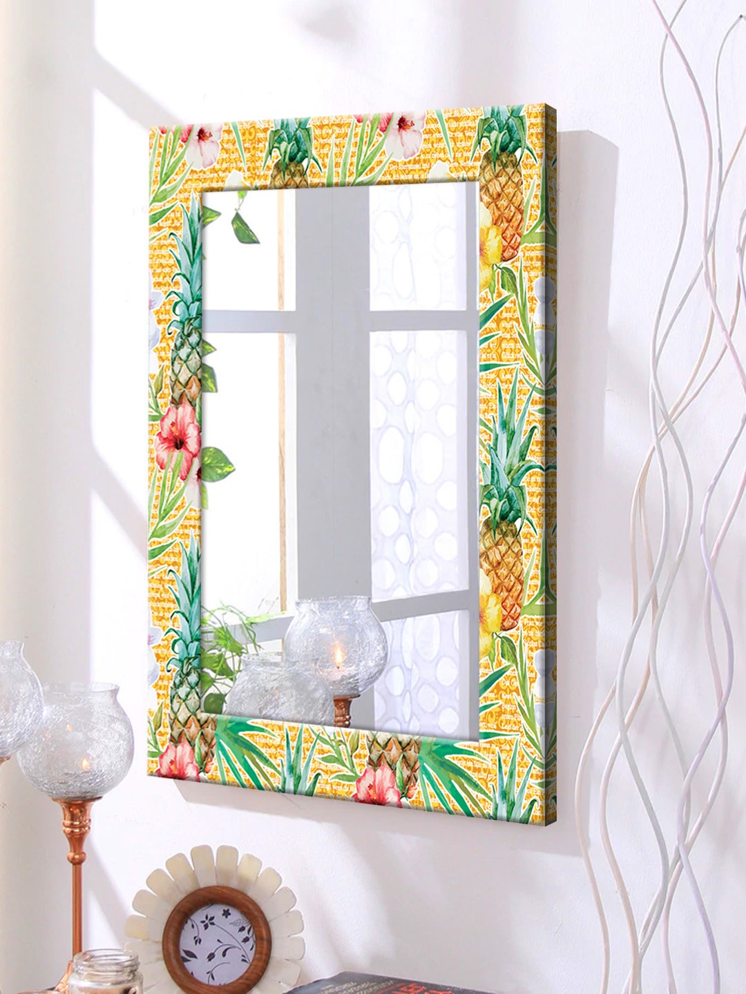 

999Store Yellow Printed Framed Wall Mirror