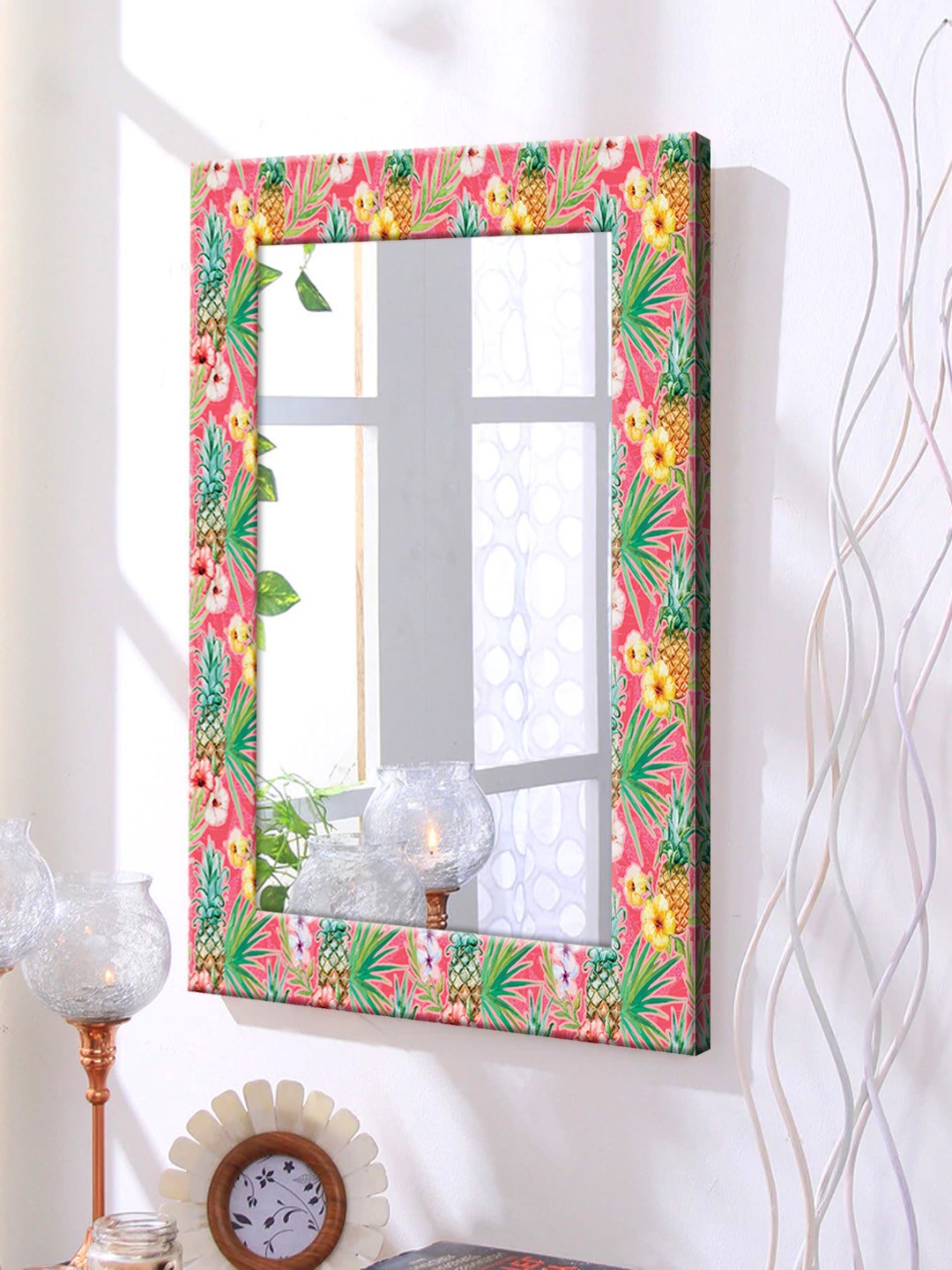 

999Store Pink & Green Printed Framed Wall Mirror