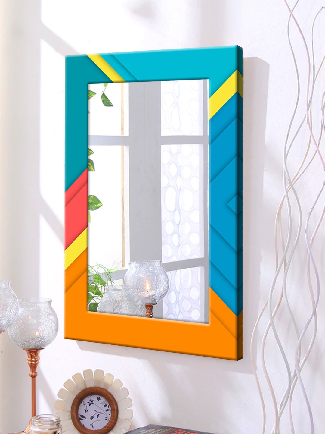 

999Store Blue Printed Framed Wall Mirror