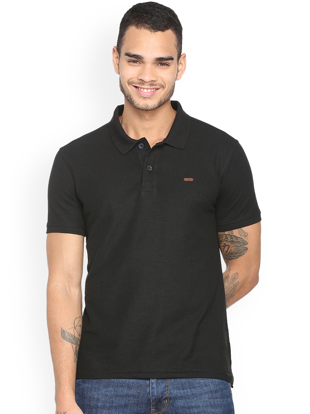 

People Men Black Solid Polo Collar T-shirt