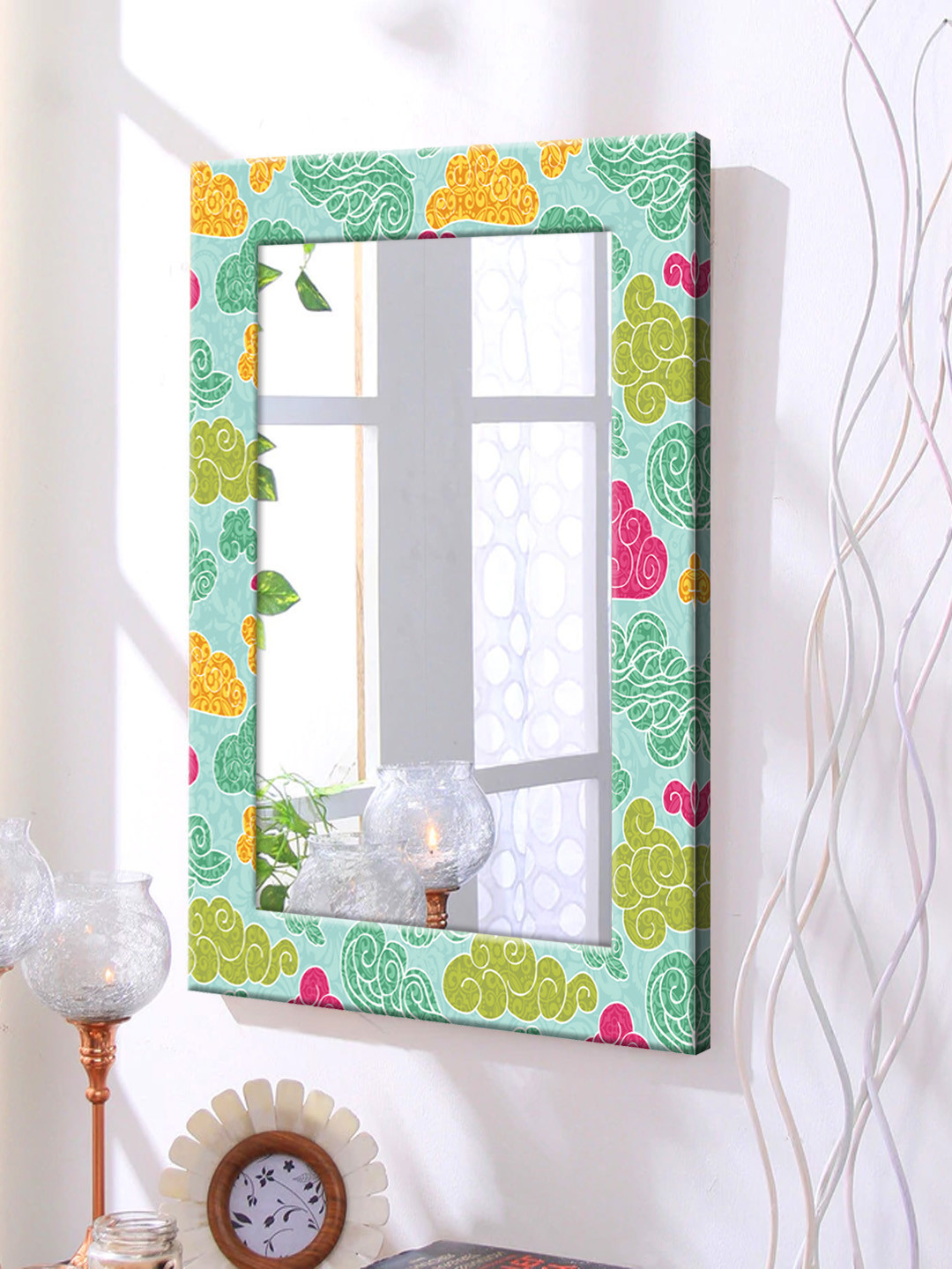 

999Store Green Printed Framed Wall Mirror