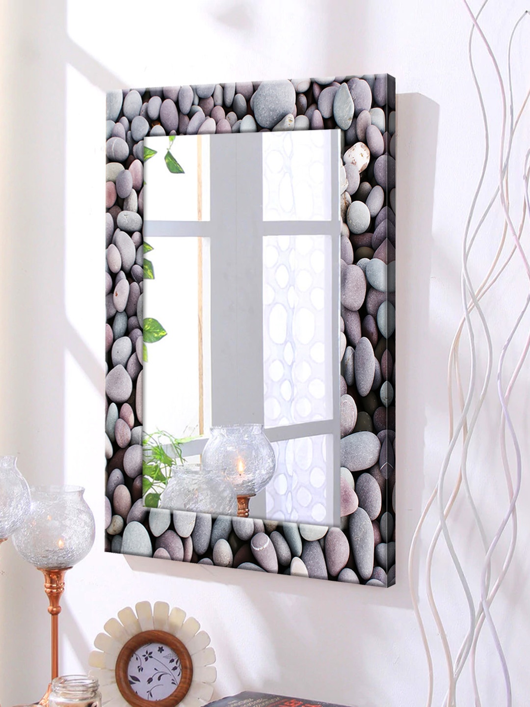

999Store Brown & Grey Printed Framed Wall Mirror