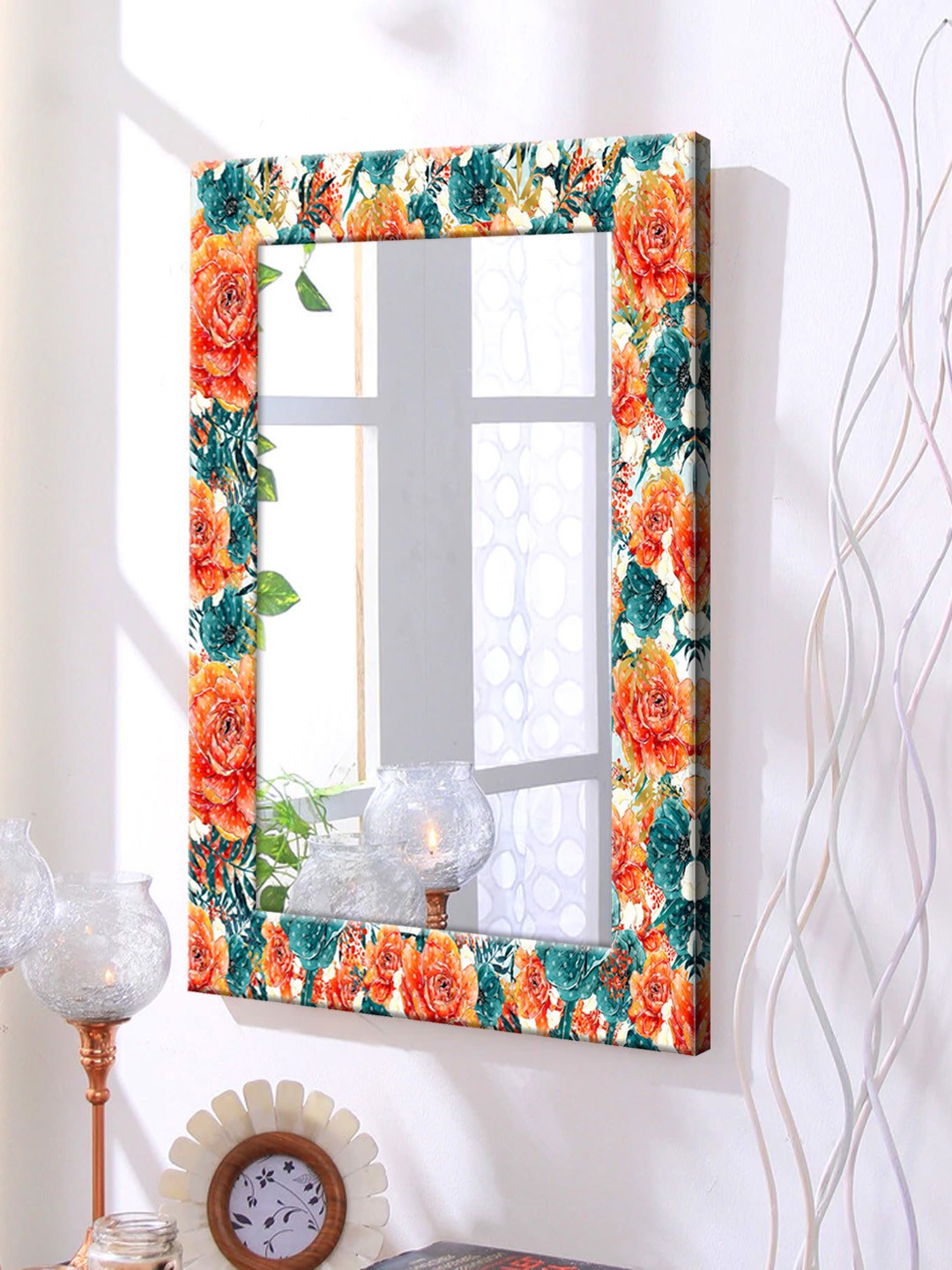 

999Store Orange Printed Framed Wall Mirror