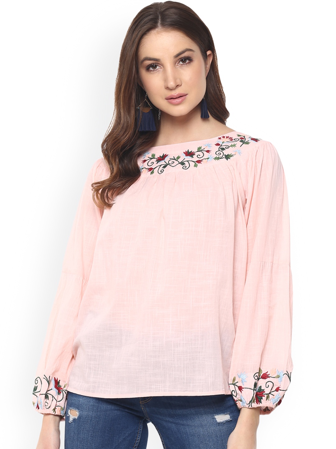 

Mayra Pink Embroidered A-Line Pure Cotton Top