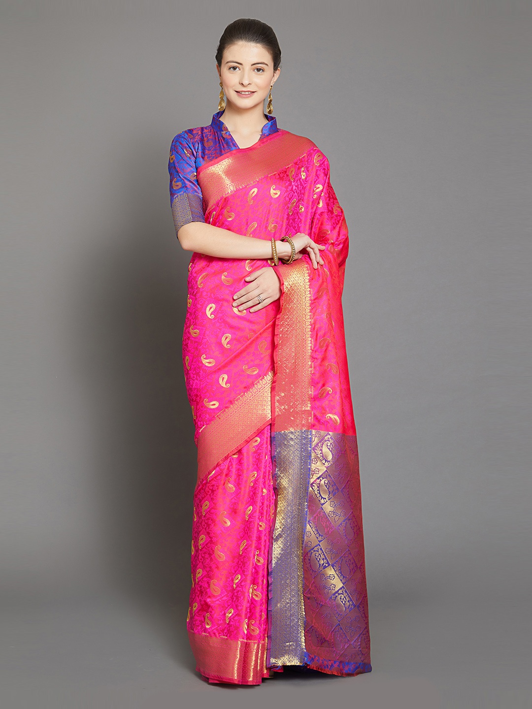 

Mitera Pink Silk Blend Woven Design Kanjeevaram Saree