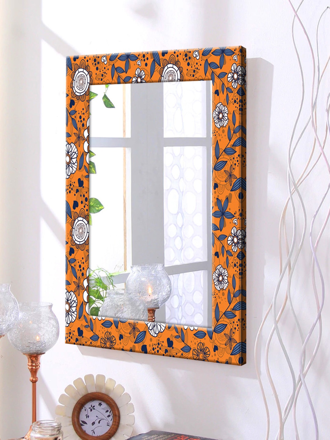 

999Store Orange Printed Framed Wall Mirror