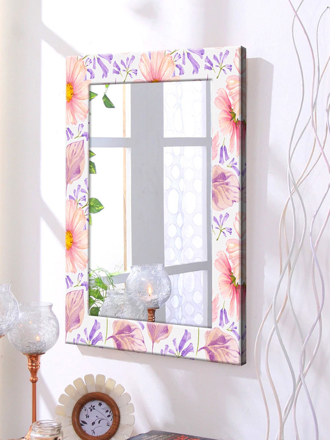 

999Store White & Green Printed Framed Wall Mirror