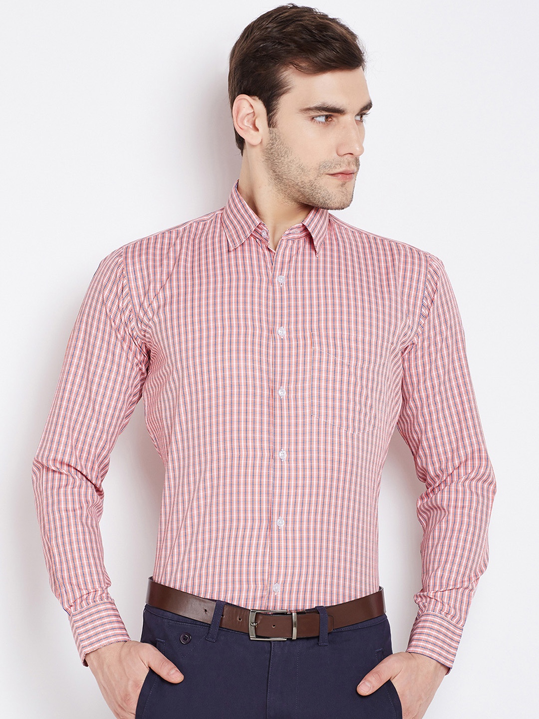 

English Navy Men Orange Slim Fit Checked Formal Shirt