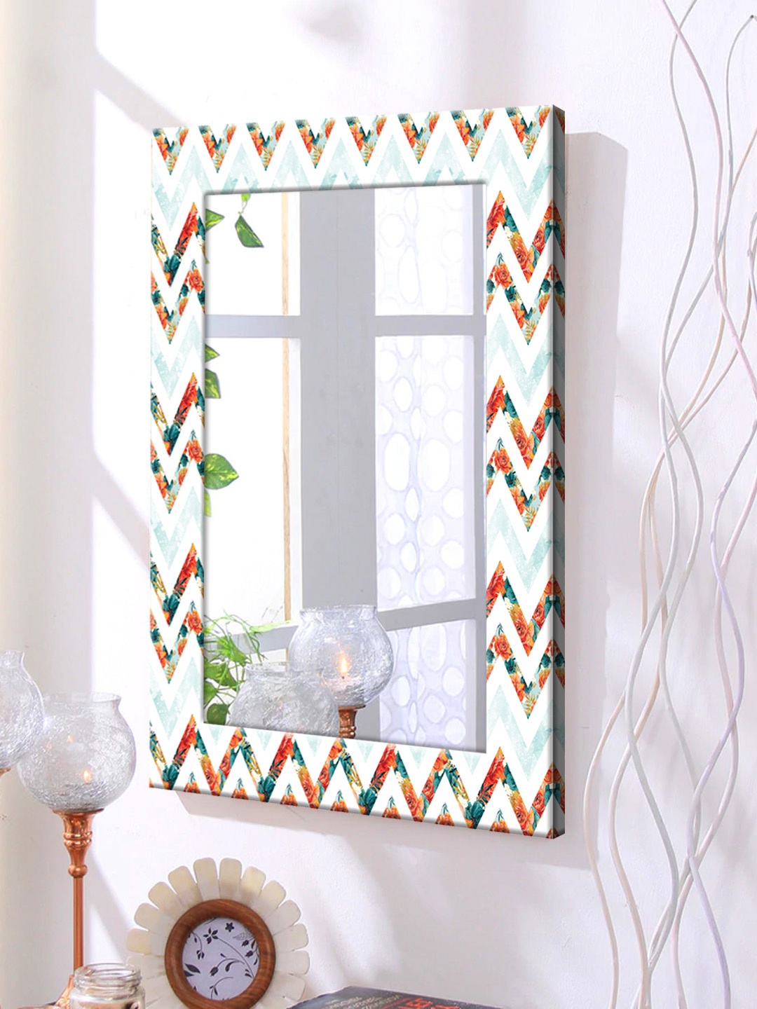 

999Store White & Orange Framed Wall Mirror