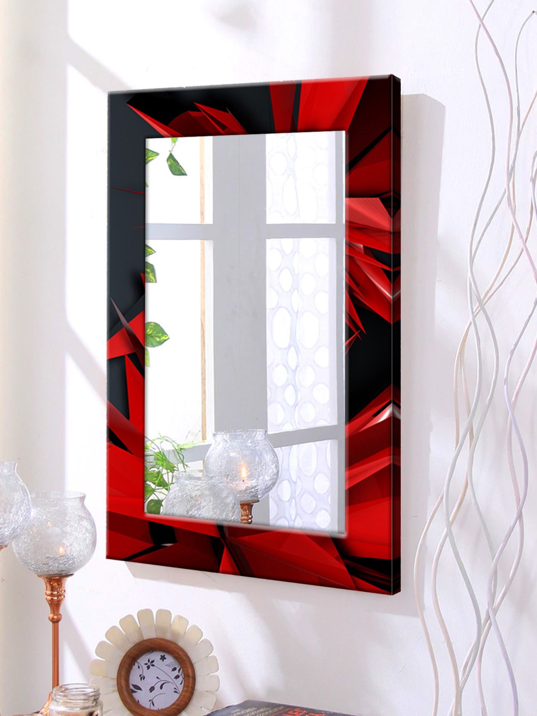

999Store Red & Black Printed Framed Wall Mirror