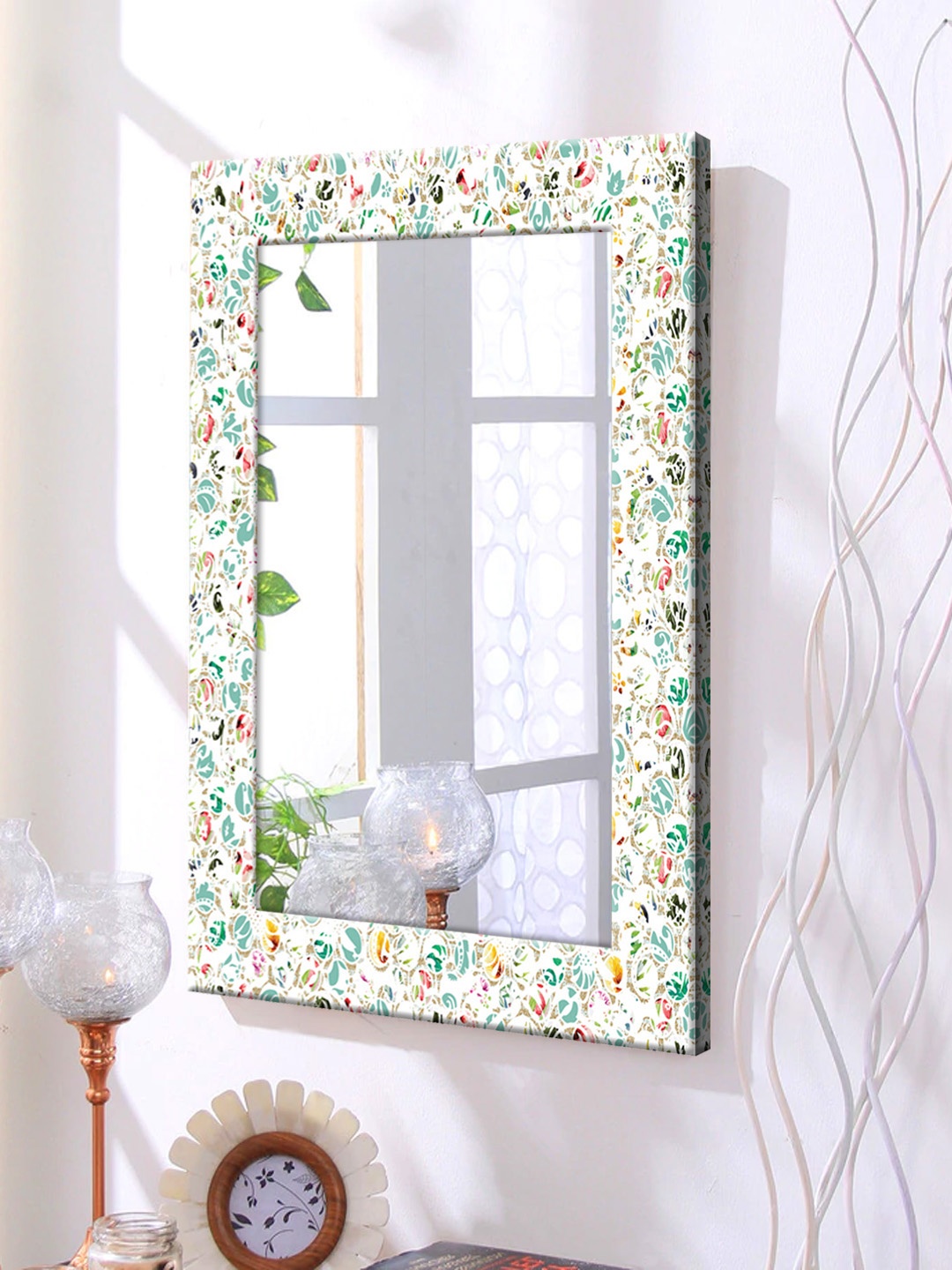 

999Store White Printed Framed Wall Mirror