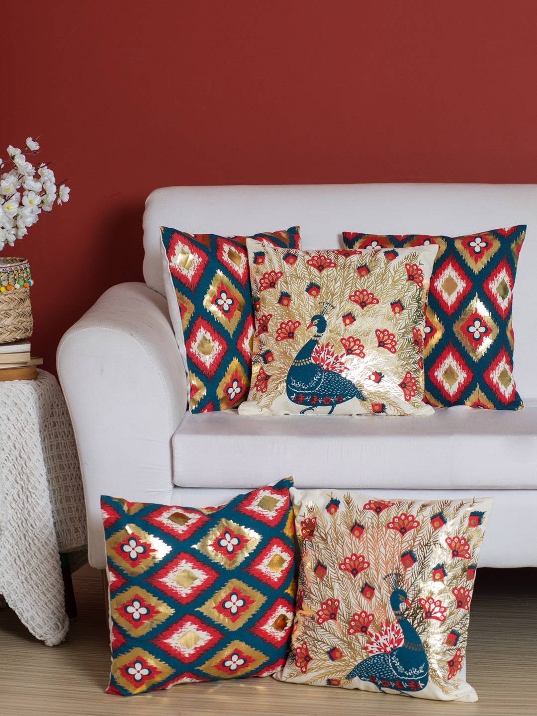 

Chumbak Multicoloured Set of 5 Geometric Square Cushion Covers, Multi