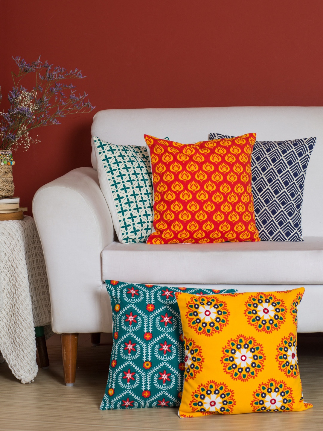 

Chumbak Multicoloured Set of 5 Geometric Square Cushion Covers, Multi