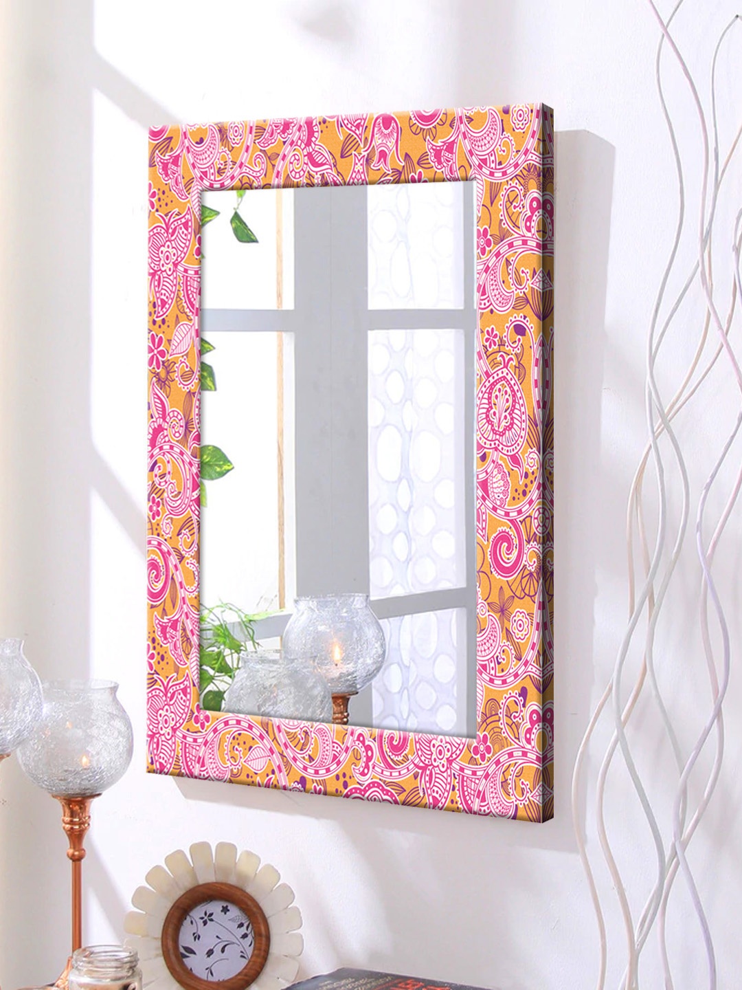 

999Store Red & Yellow Printed Framed Wall Mirror