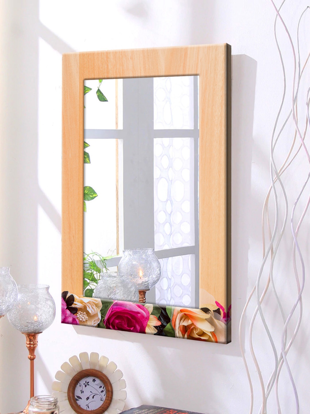 

999Store Brown & Red Printed Framed Wall Mirror