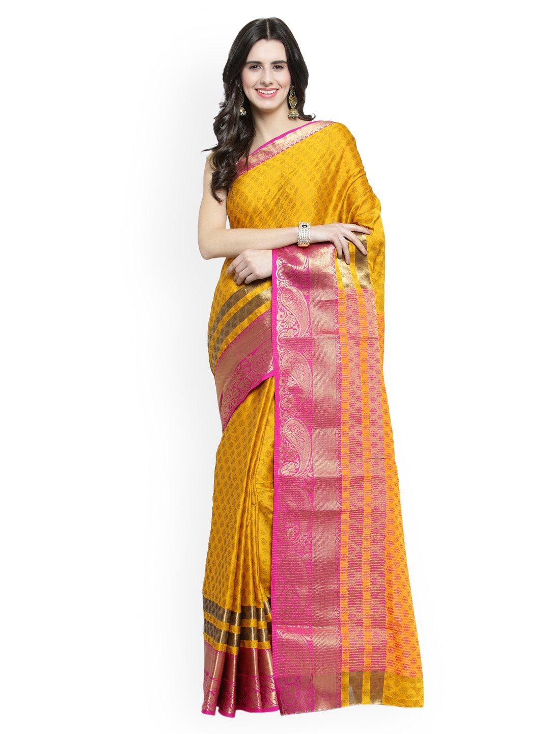 

Sugathari Yellow & Pink Poly Silk Woven Design Kanjeevaram Saree