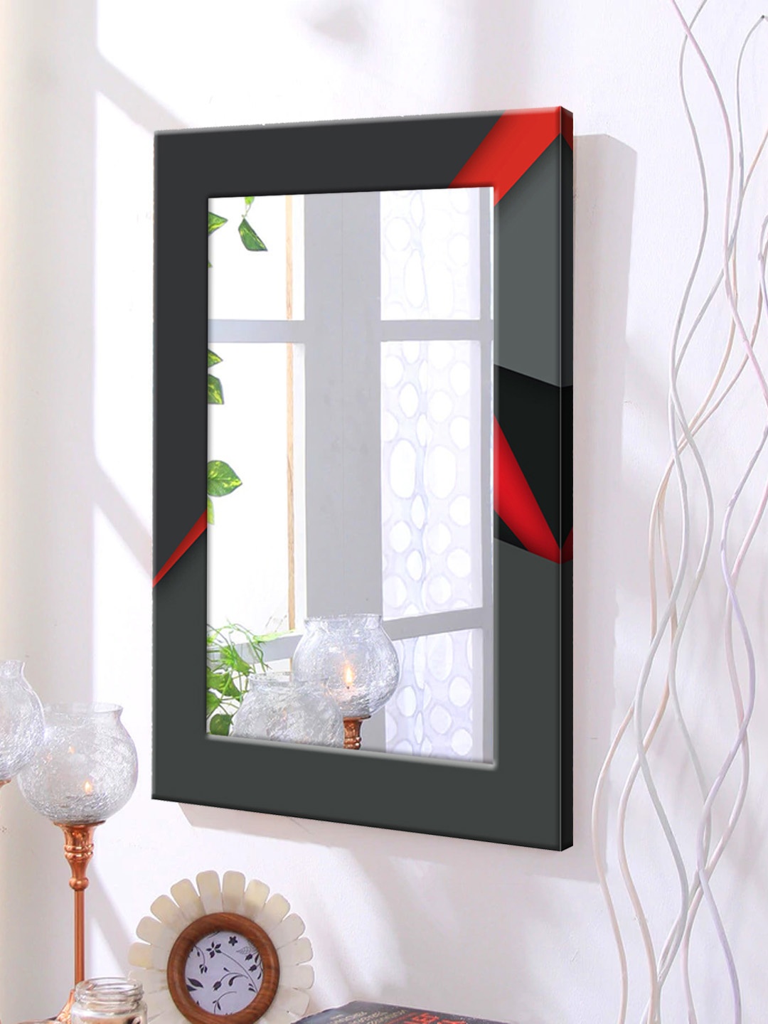 

999Store Black & Red Colourblocked Framed Wall Mirror