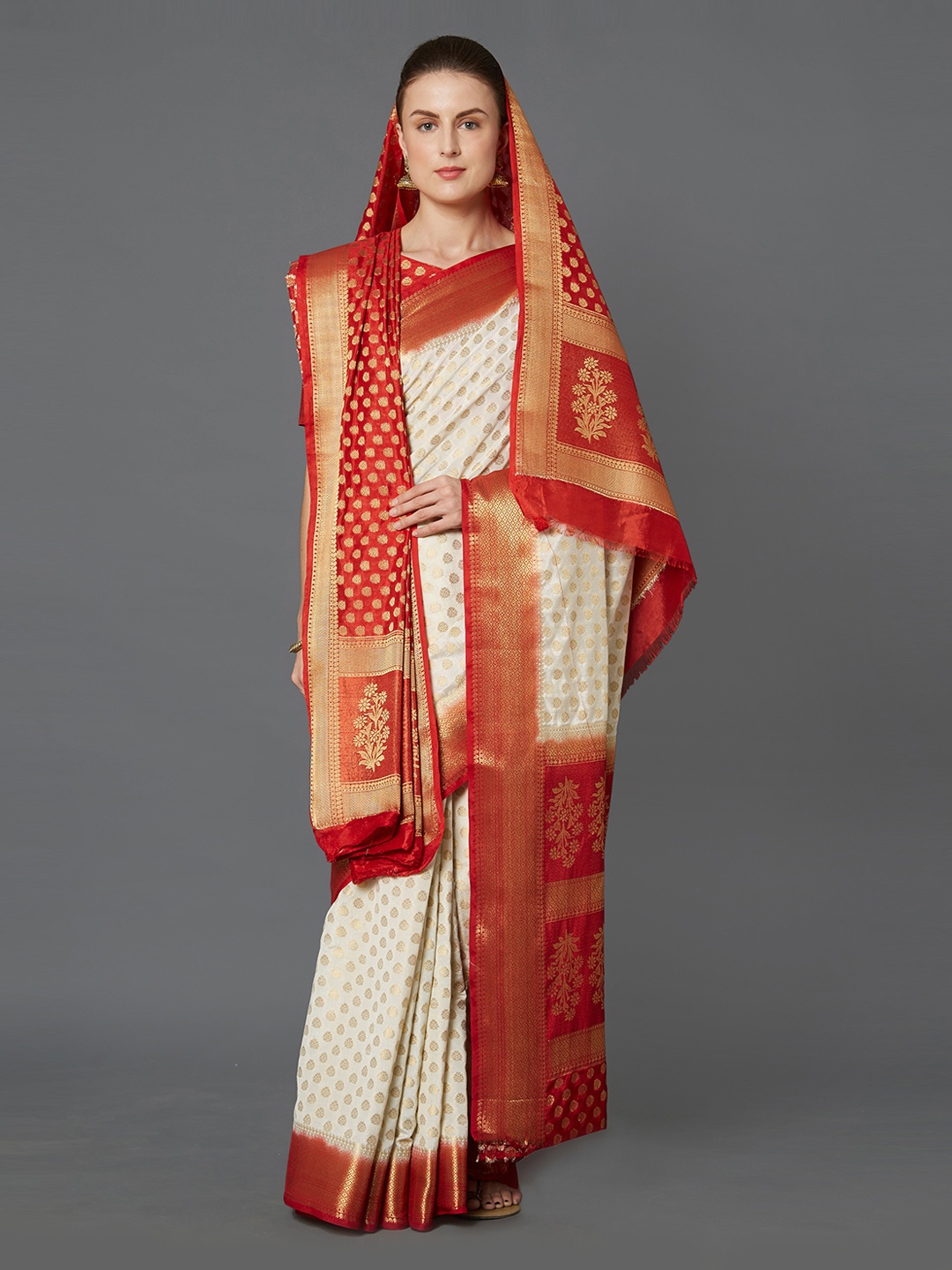 

Mitera Red & White & Red Silk Blend Woven Design Kanjeevaram Saree