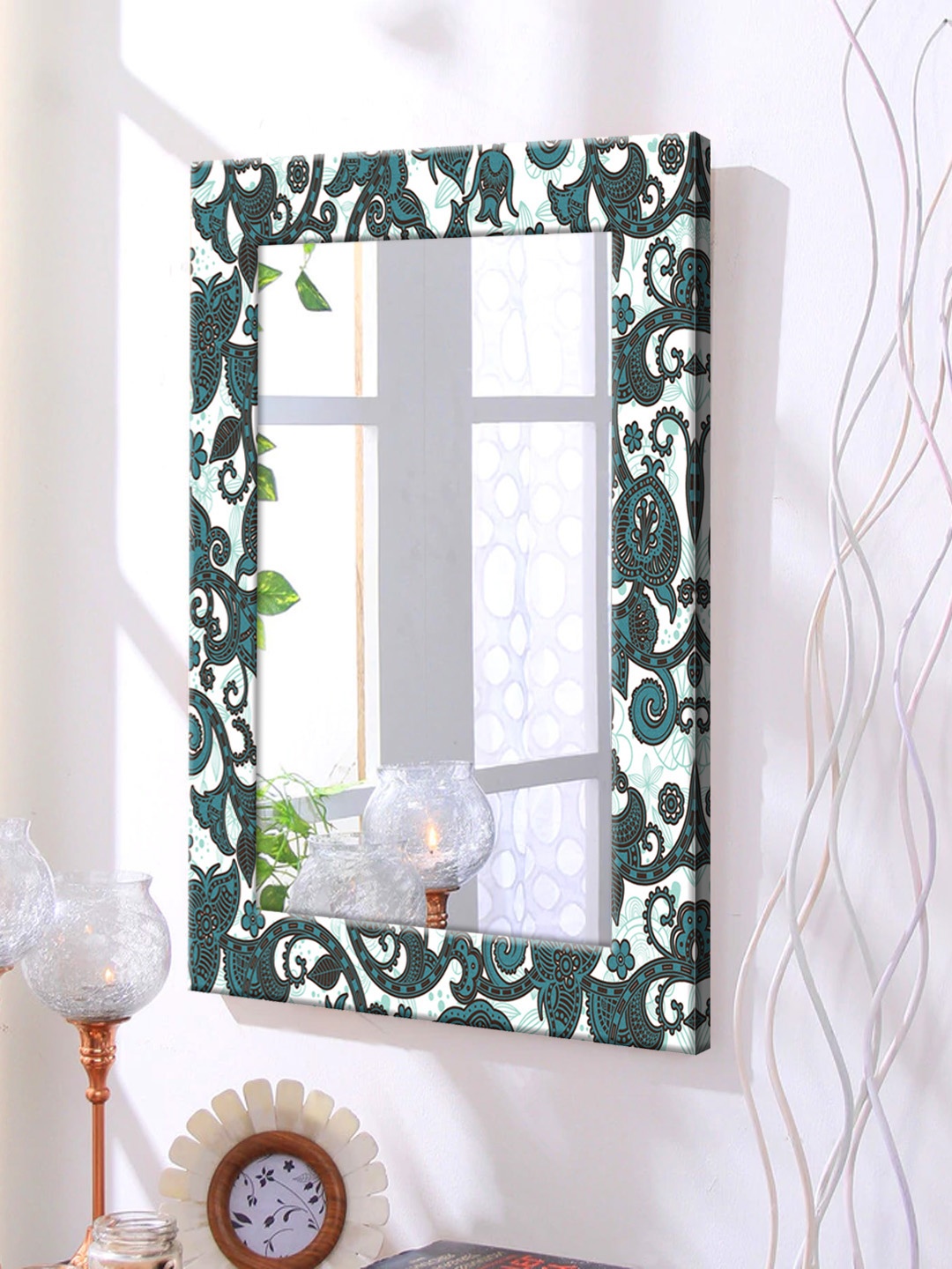 

999Store Blue Printed Framed Wall Mirror