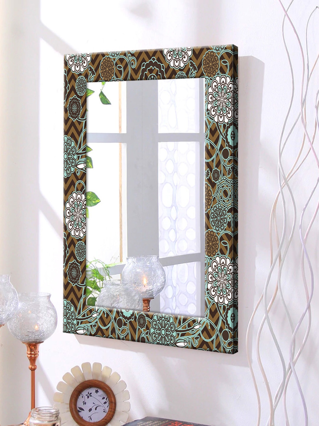 

999Store Brown Printed Framed Wall Mirror