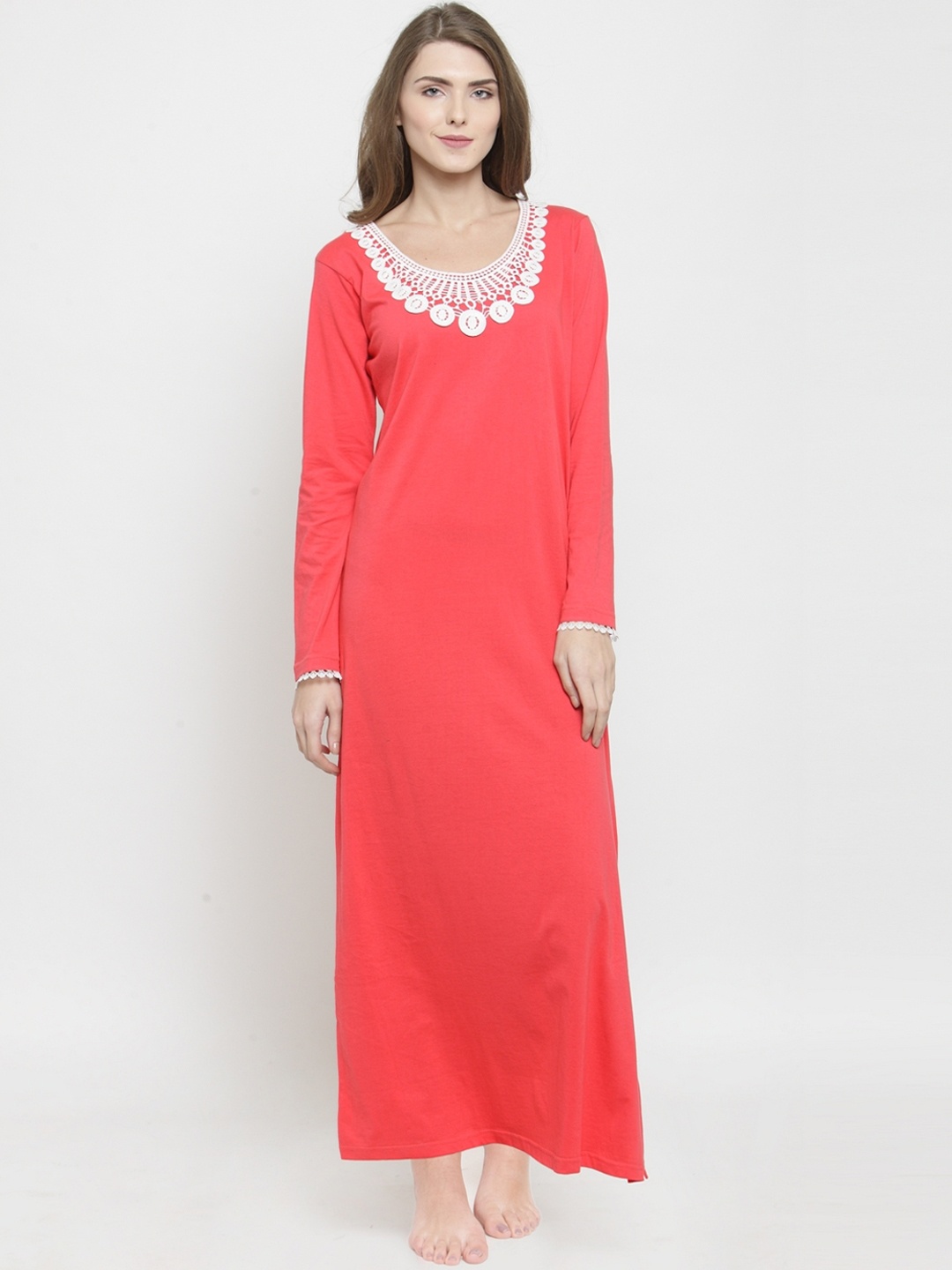 

Claura Coral Solid Nightdress Cot-117-Peach