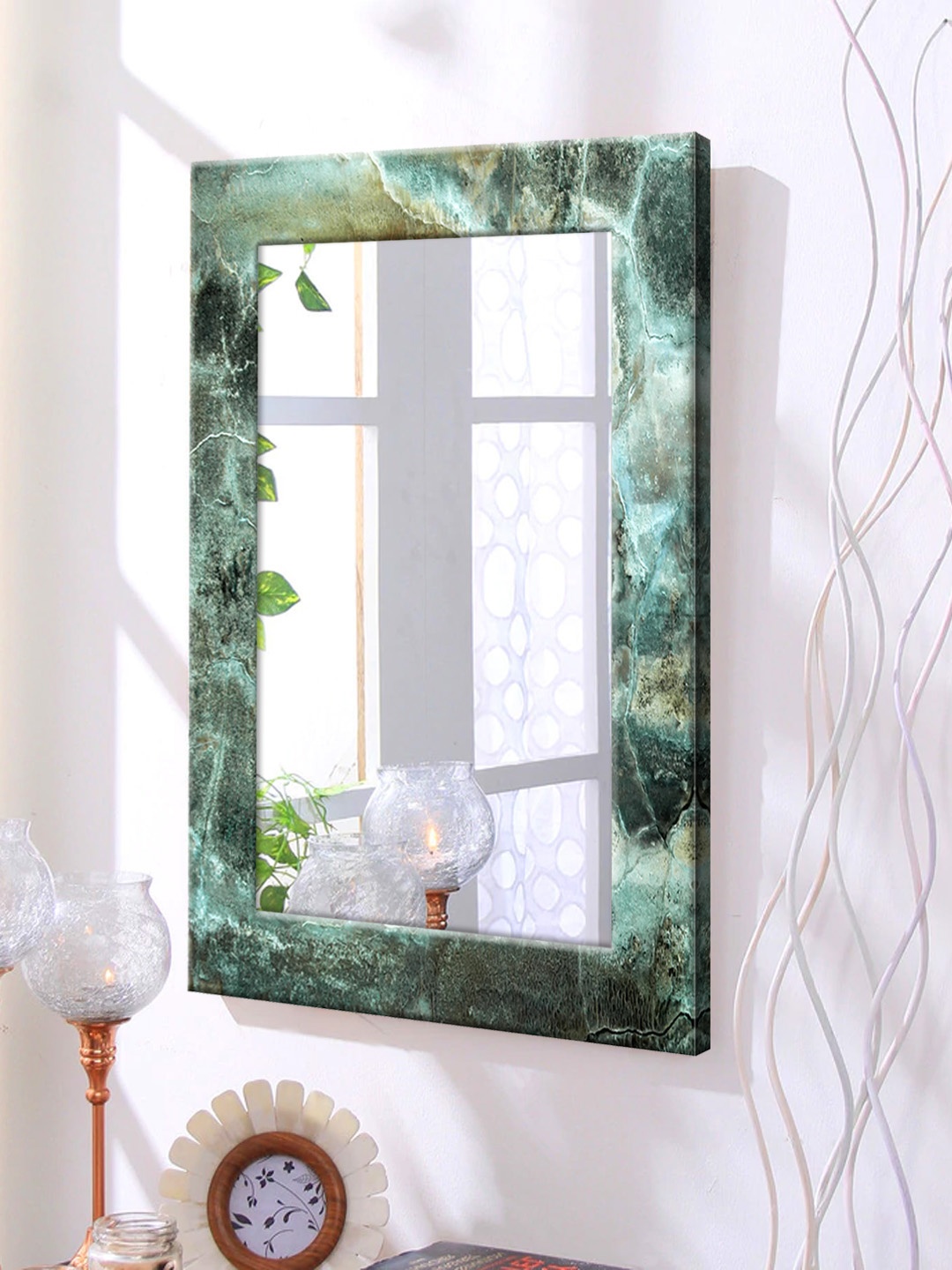 

999Store Blue Printed Framed Wall Mirror
