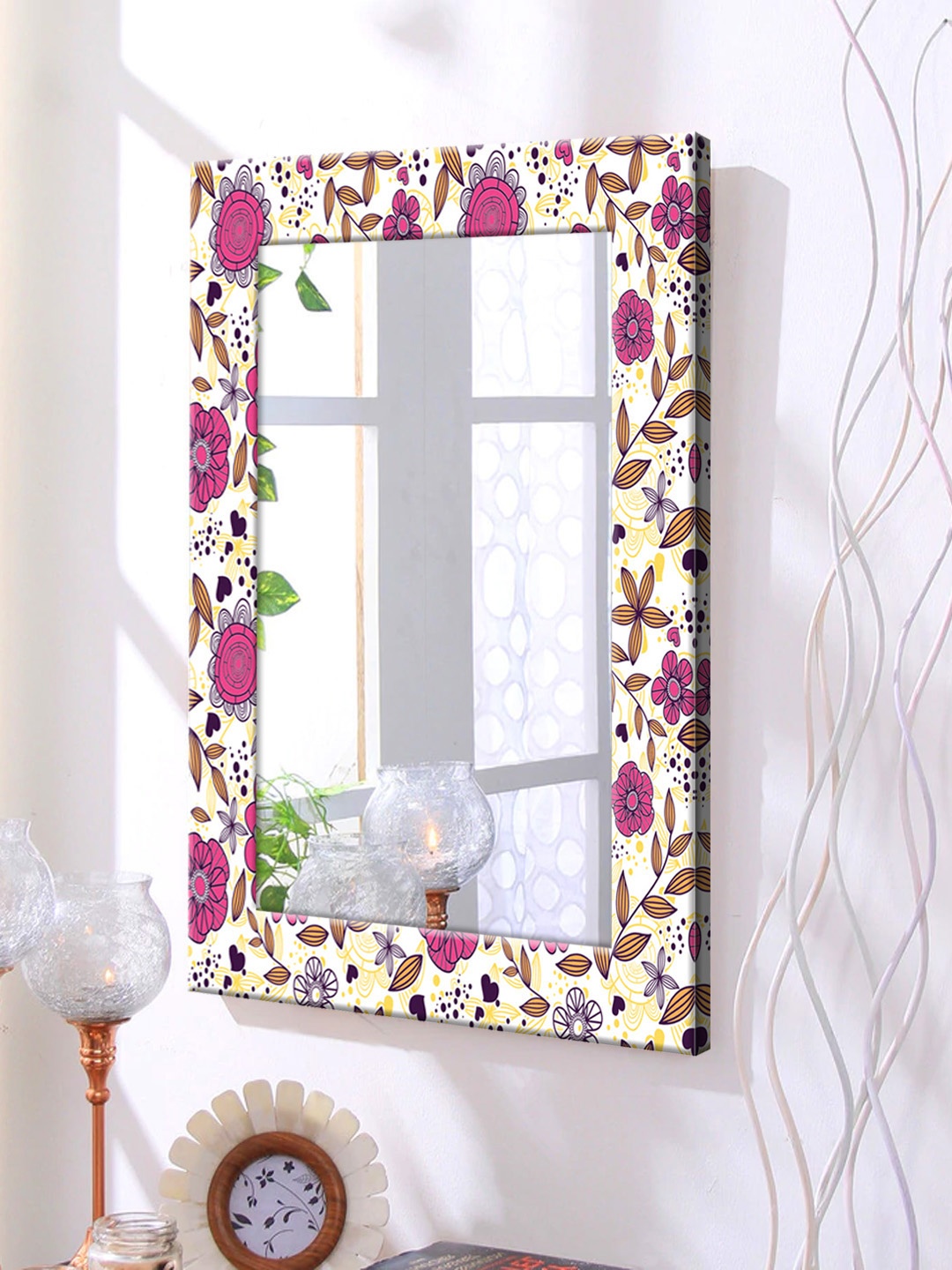 

999Store White Printed Framed Wall Mirror