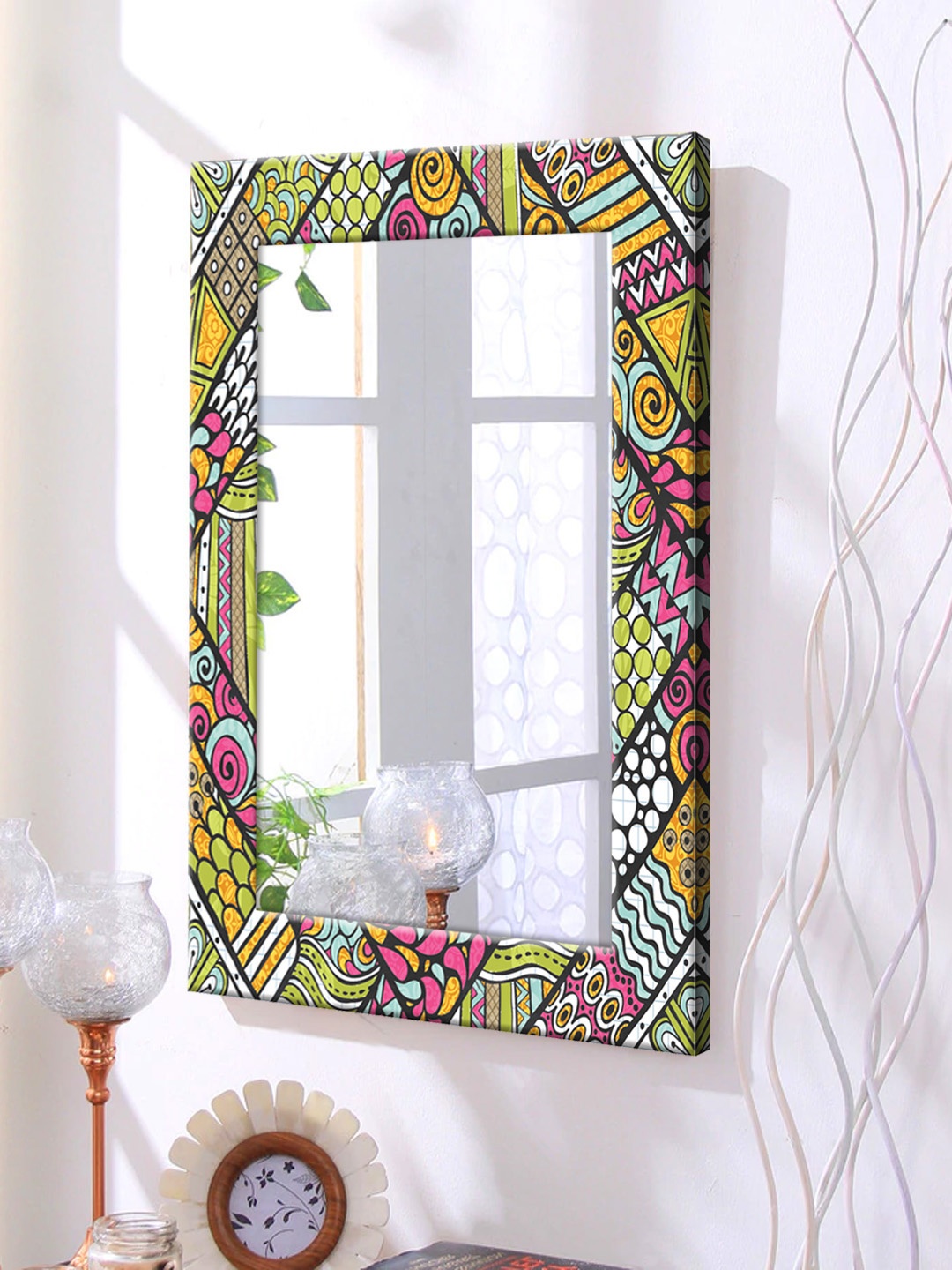 

999Store Multicoloured Printed Framed Wall Mirror, Multi