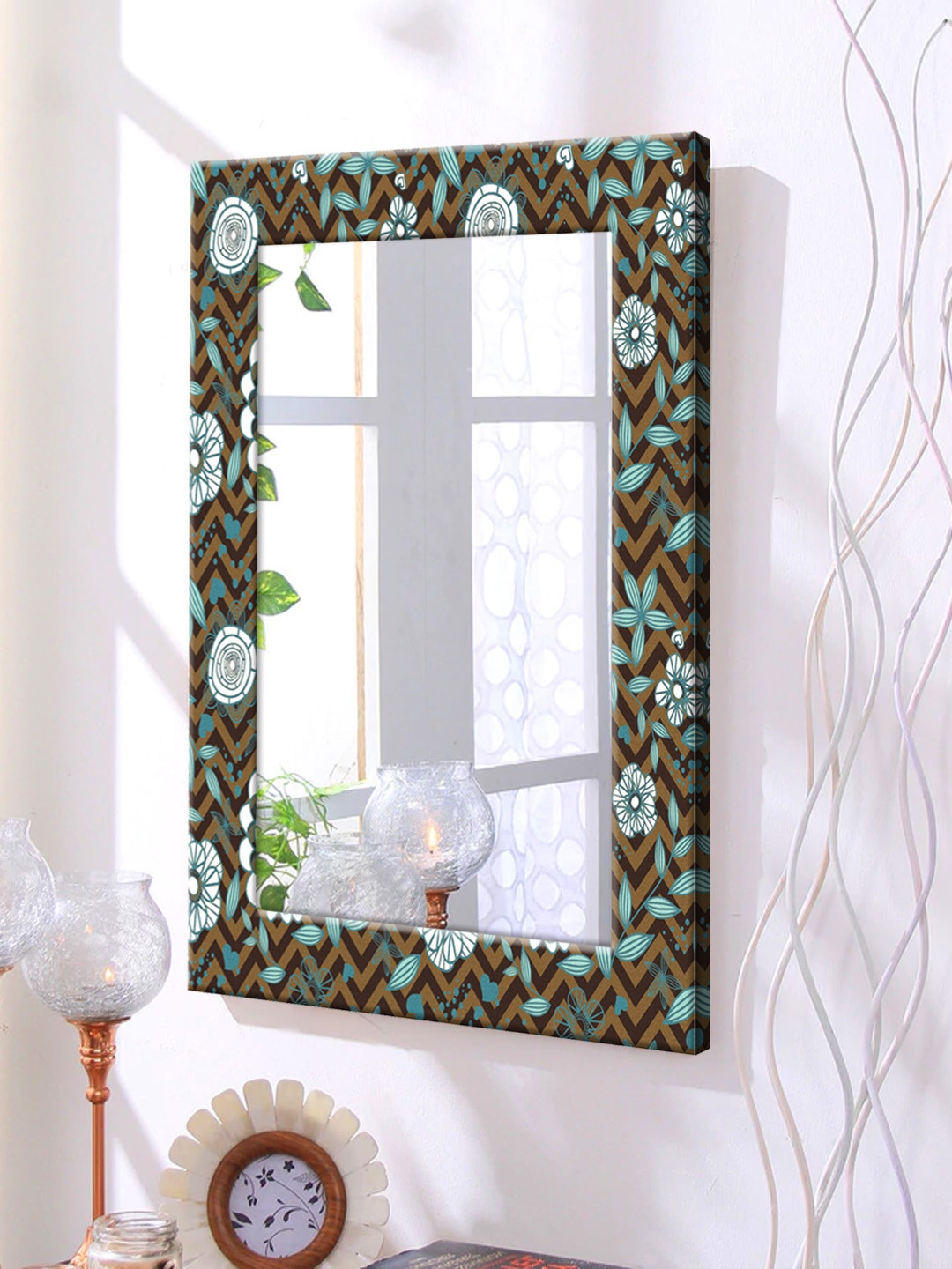 

999Store Brown & Turquoise Blue Framed Wall Mirror